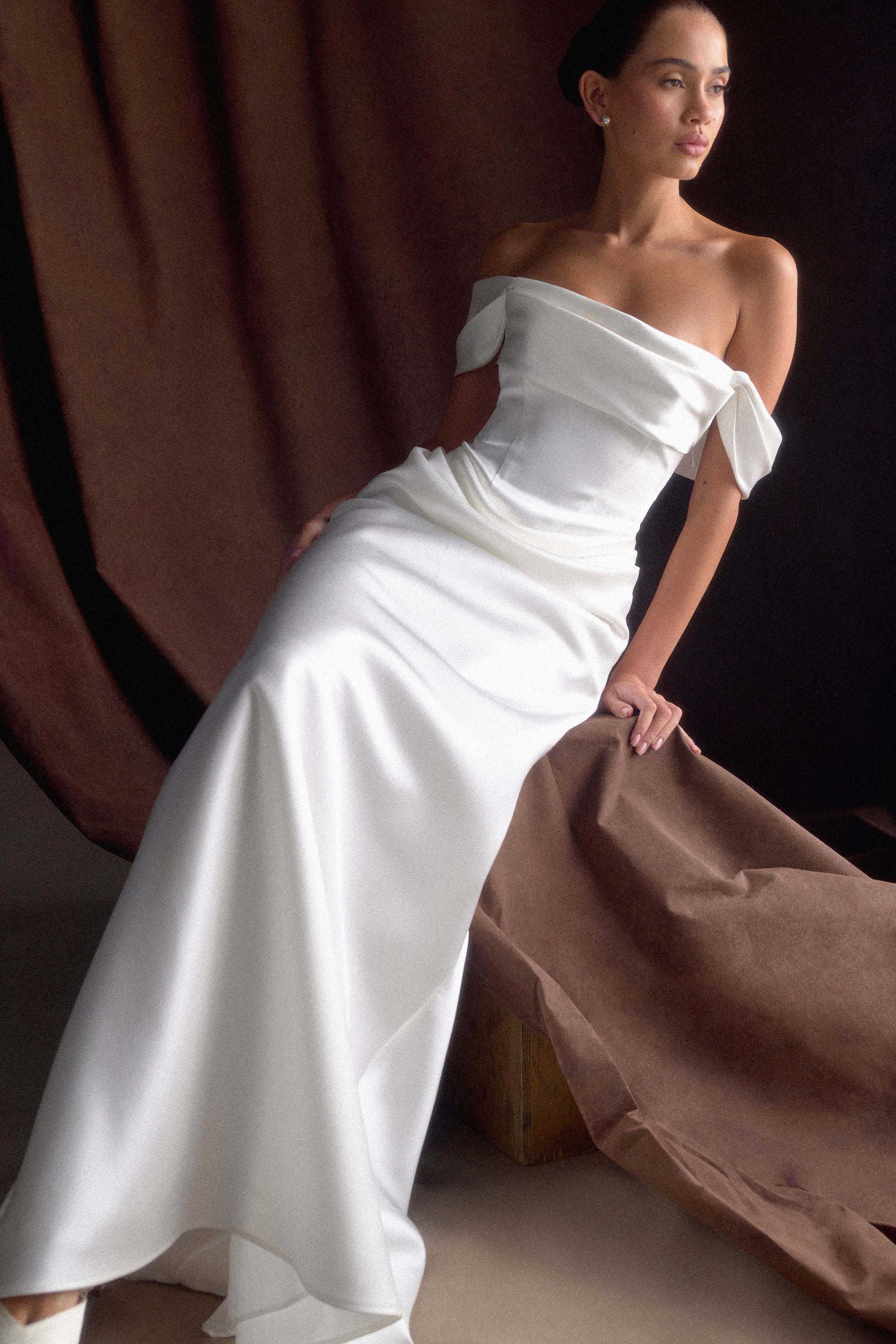 Luna Satin Off Shoulder Gown - White #3