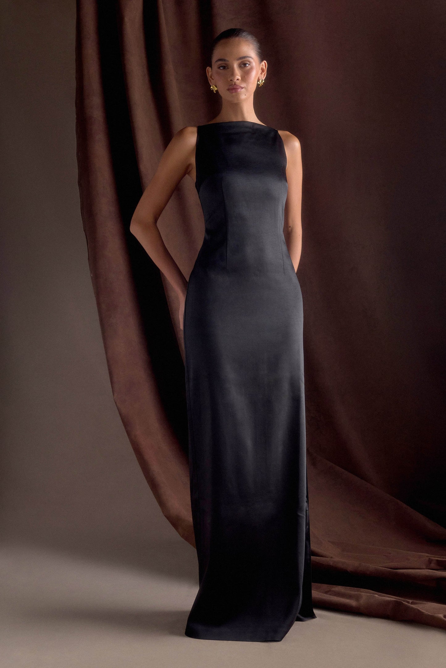 Violet Sleeveless Satin Maxi Dress - Black