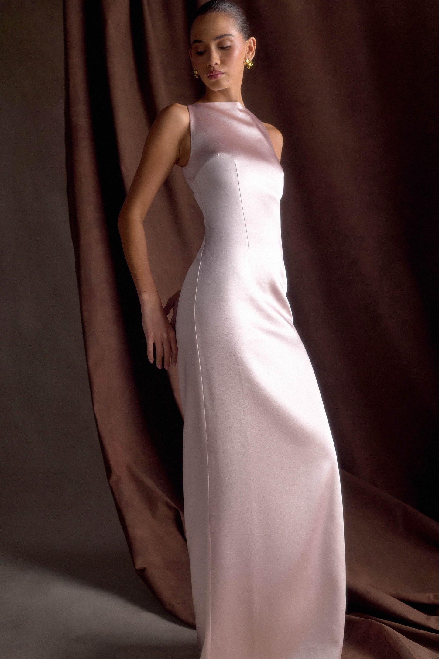 Violet Sleeveless Satin Maxi Dress - Soft Pink
