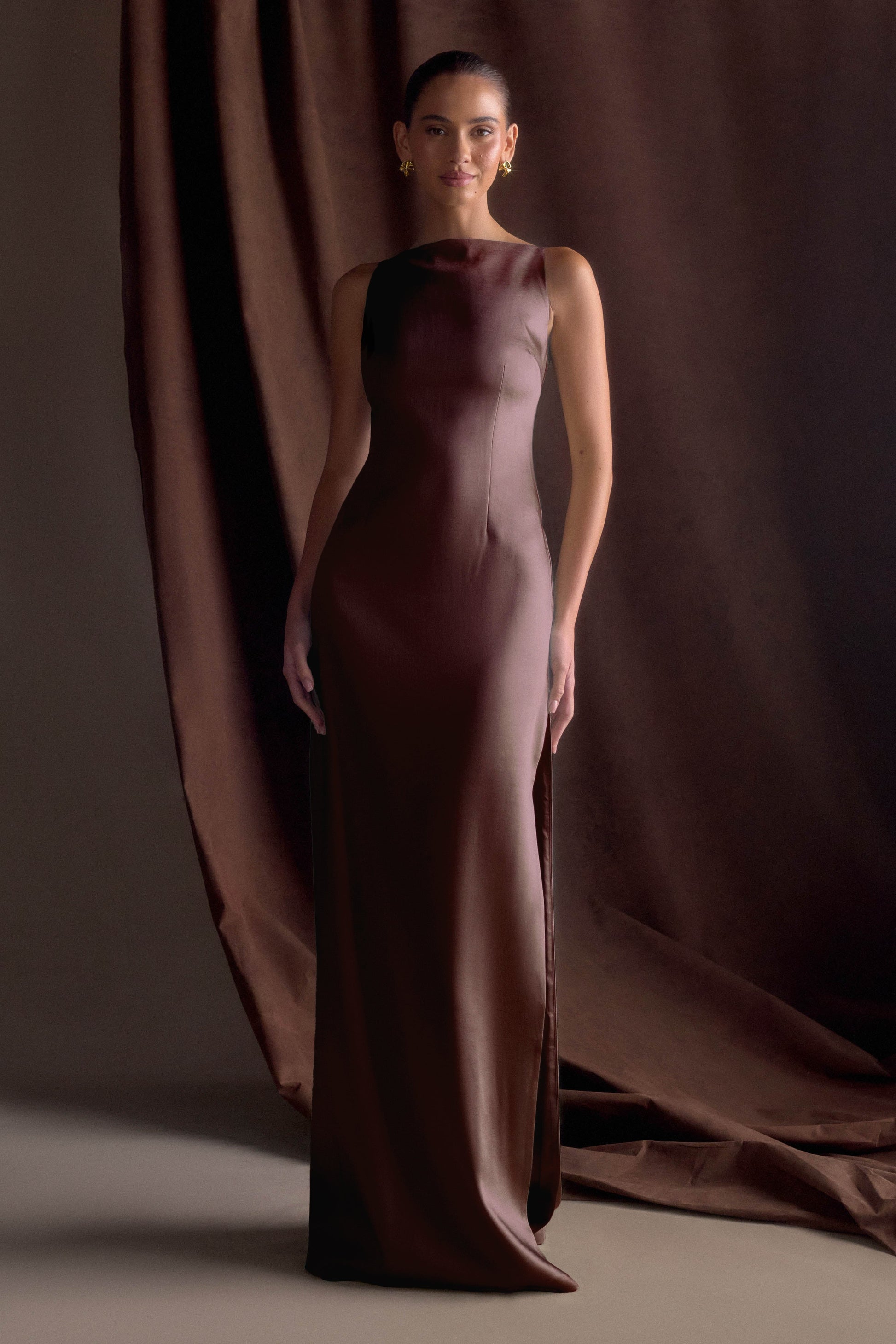 Violet Sleeveless Satin Maxi Dress - Dark Chocolate #9