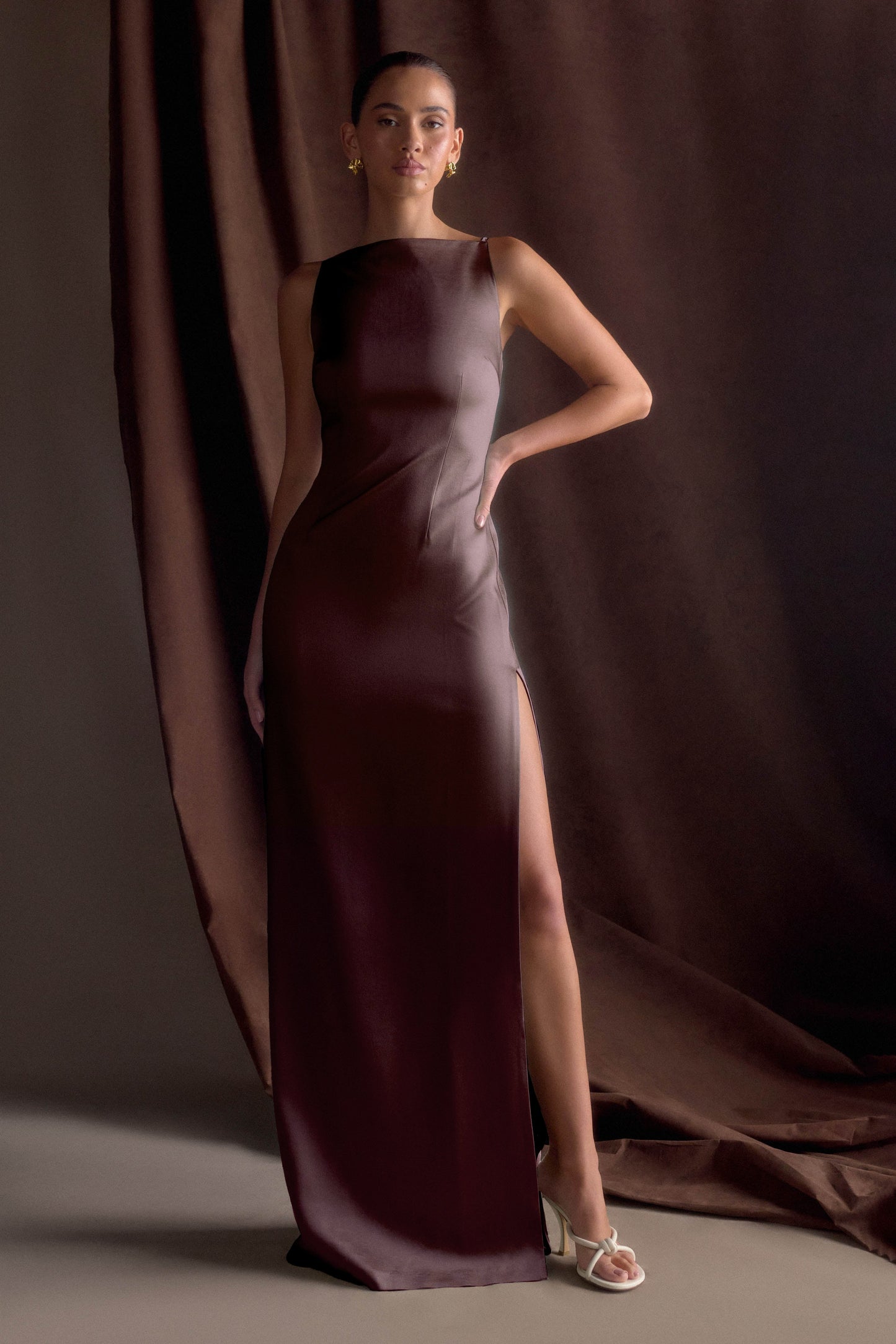 Violet Sleeveless Satin Maxi Dress - Dark Chocolate
