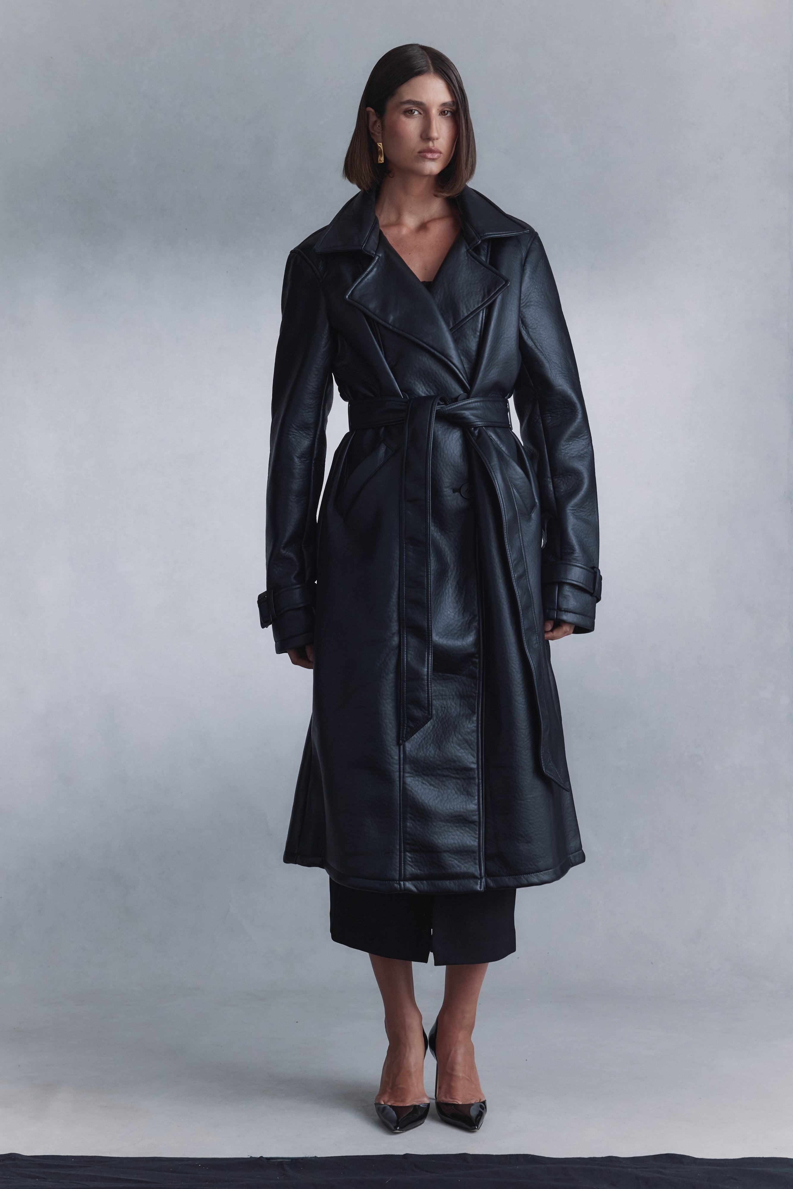 Faux Leather Coat Black Pu Trench Plus Black Belted Oversized PU