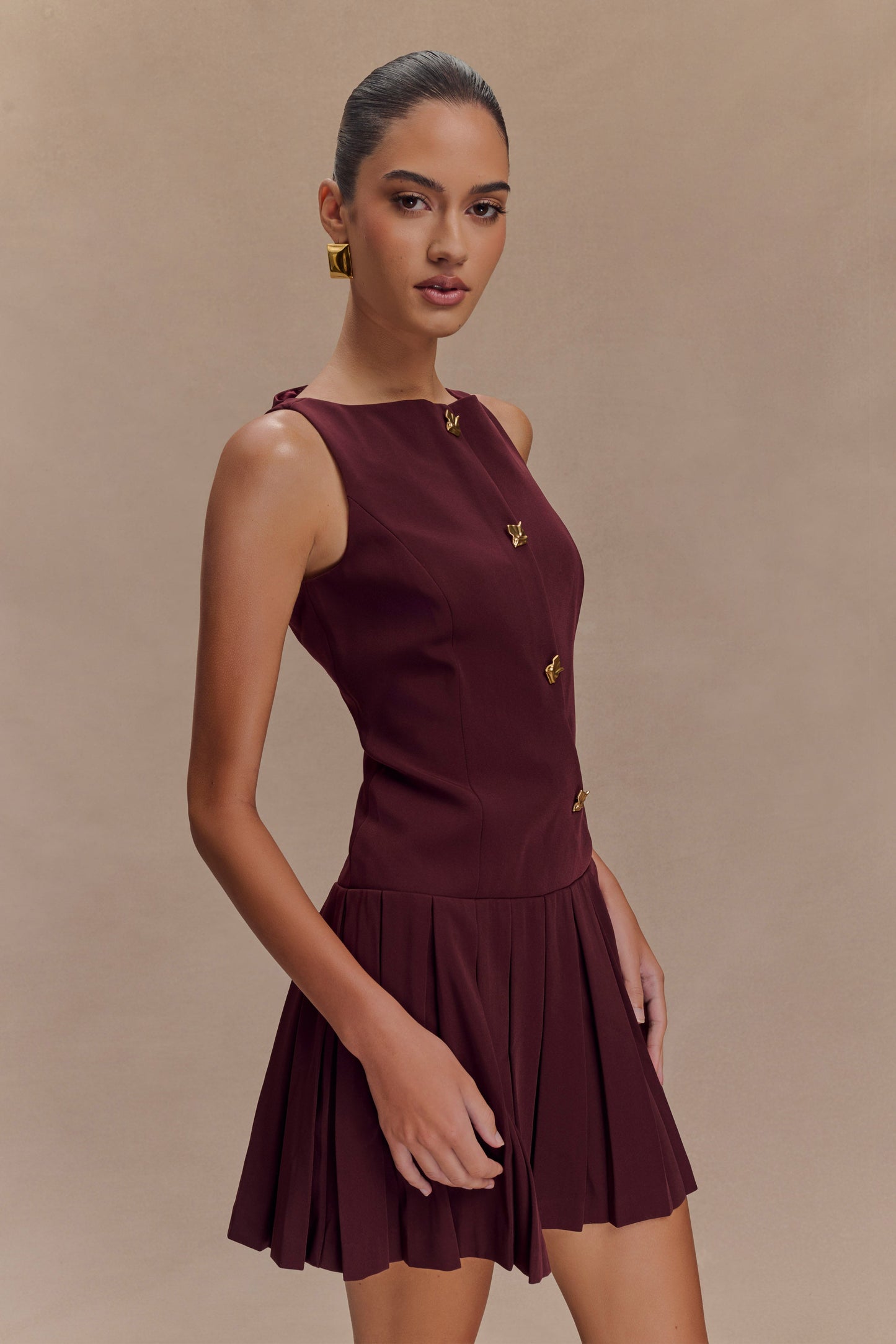 Mackenzie Sleeveless Pleated Mini Dress - Mahogany