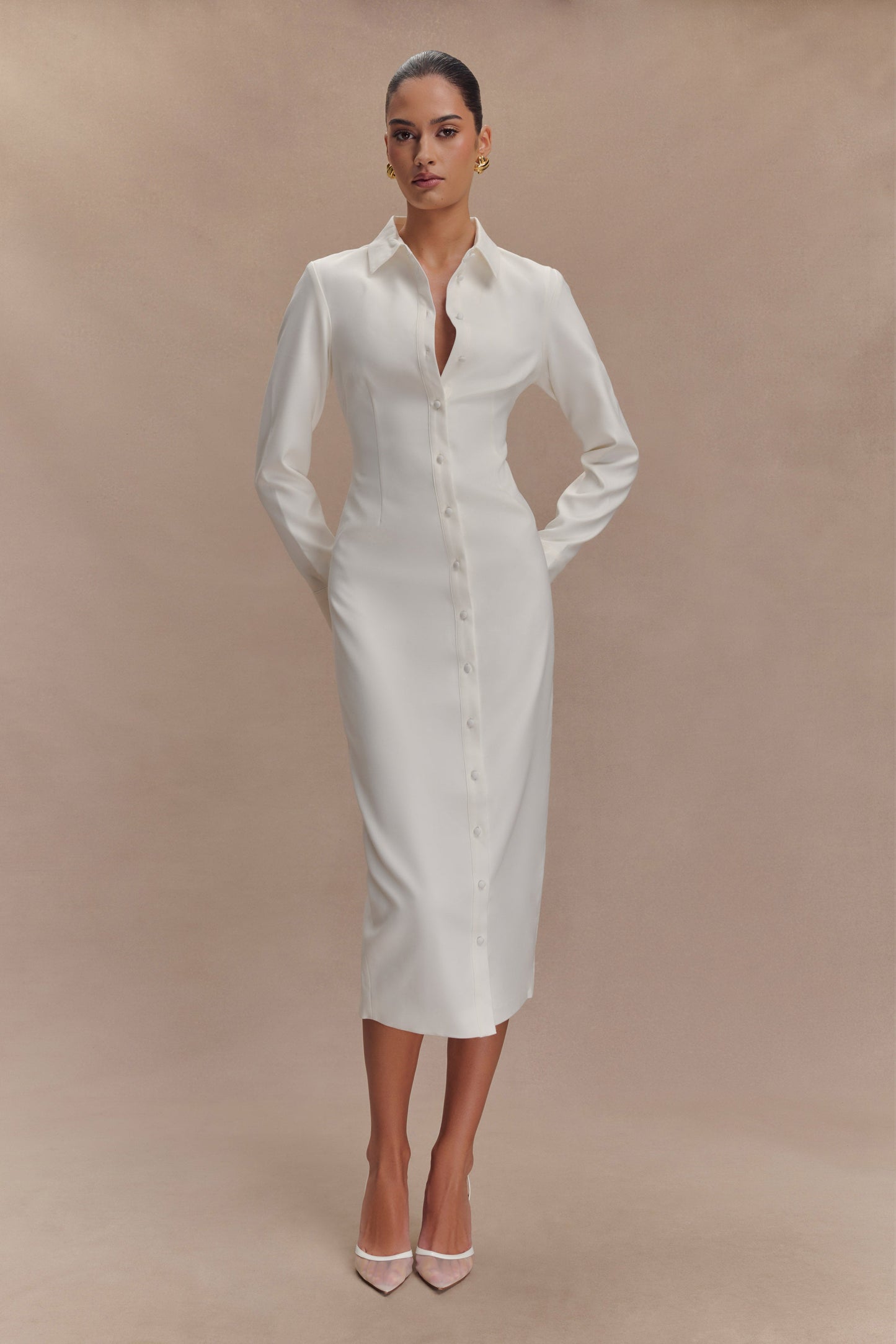 Dorian Fitted Shirt Midi Dress - White