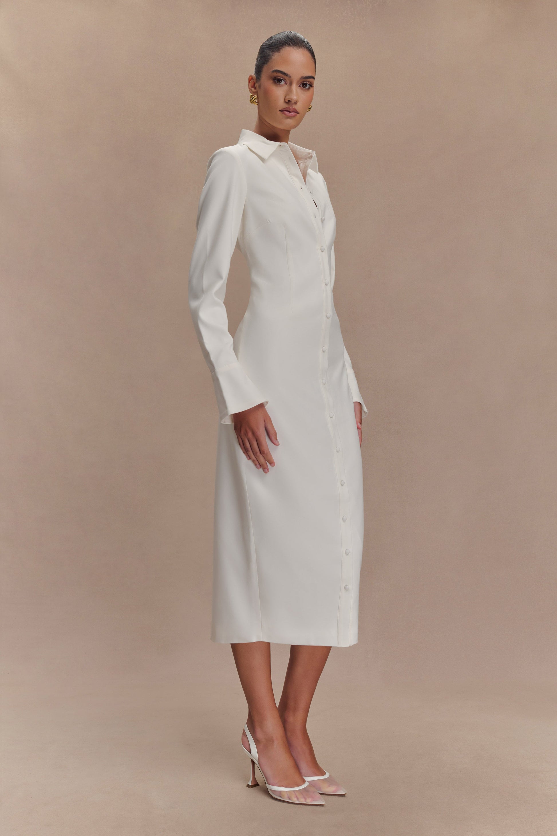 Dorian Fitted Shirt Midi Dress - White #6