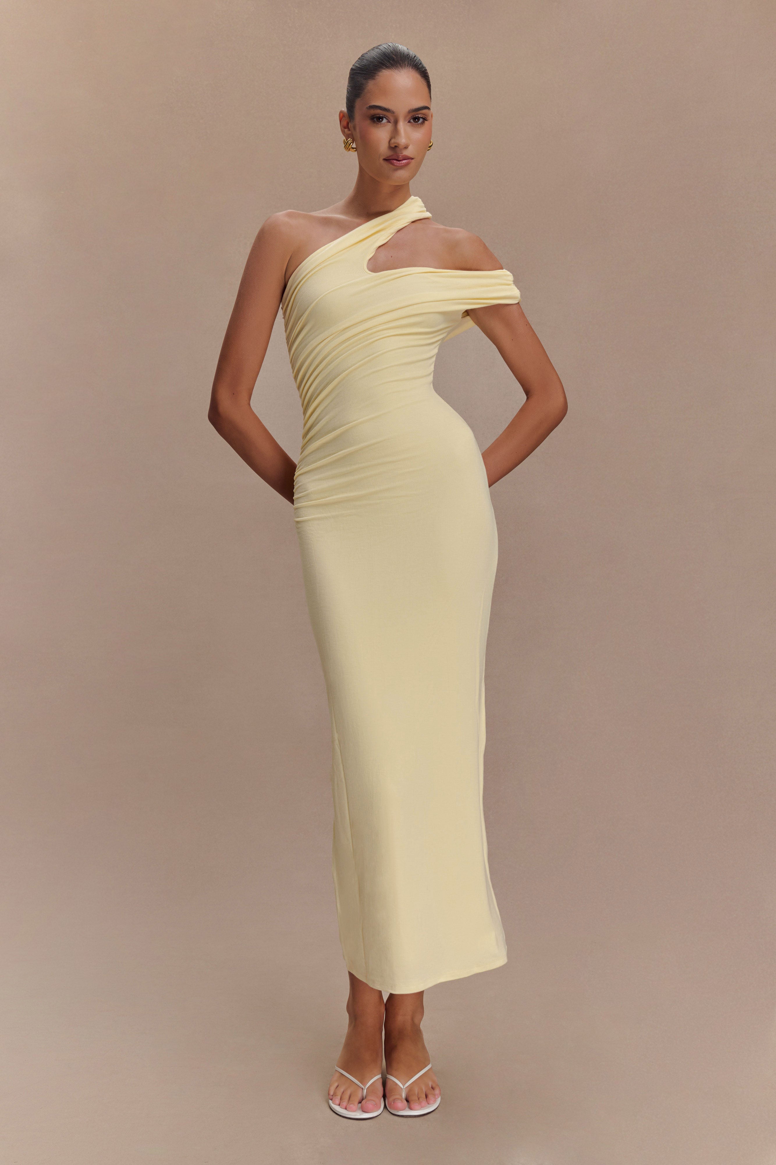 Anastasia One Shoulder Modal Midi Dress - Pale Lemon | MESHKI UK