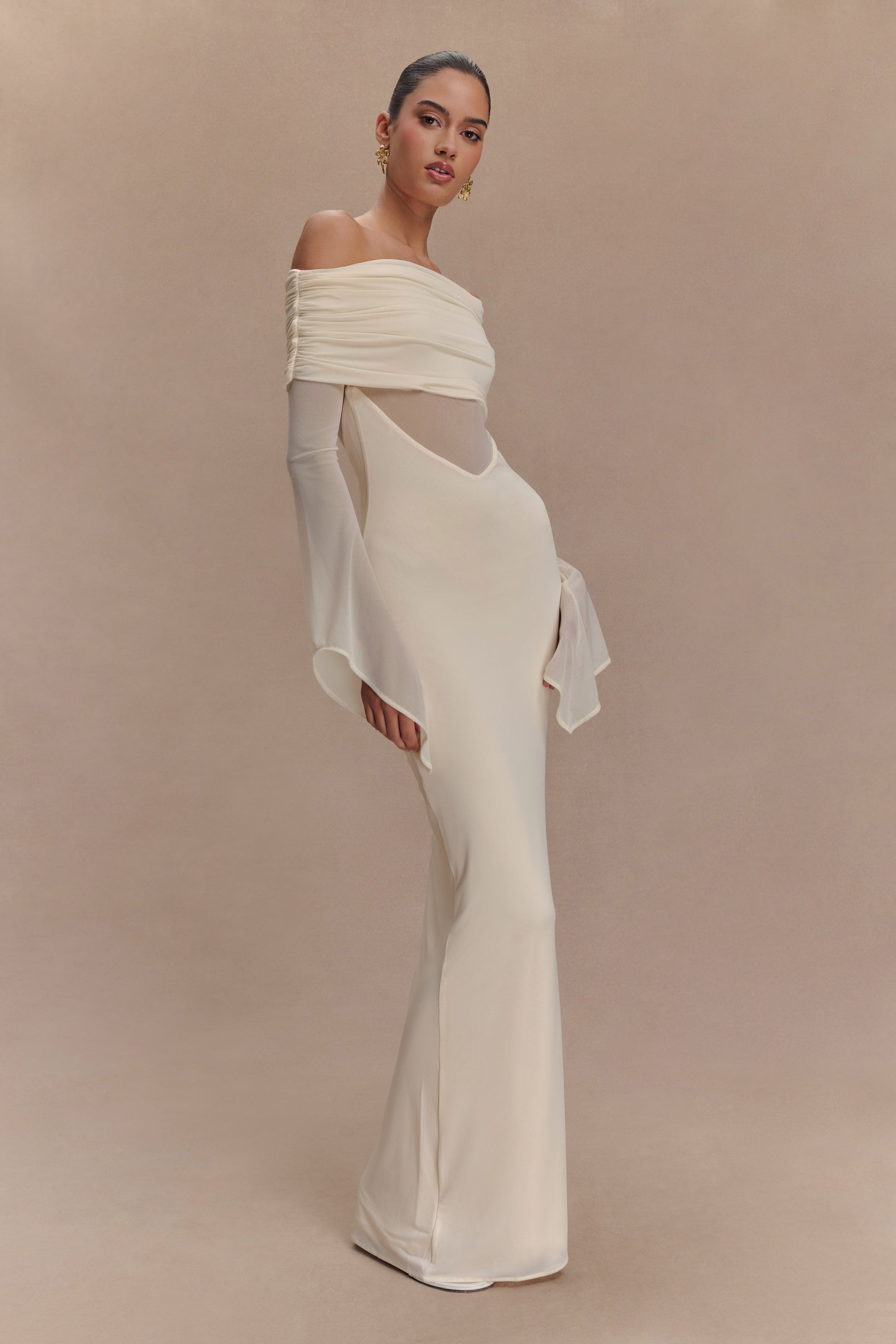 Kaitlin One Shoulder Slinky And Mesh Maxi Dress - Ivory #5