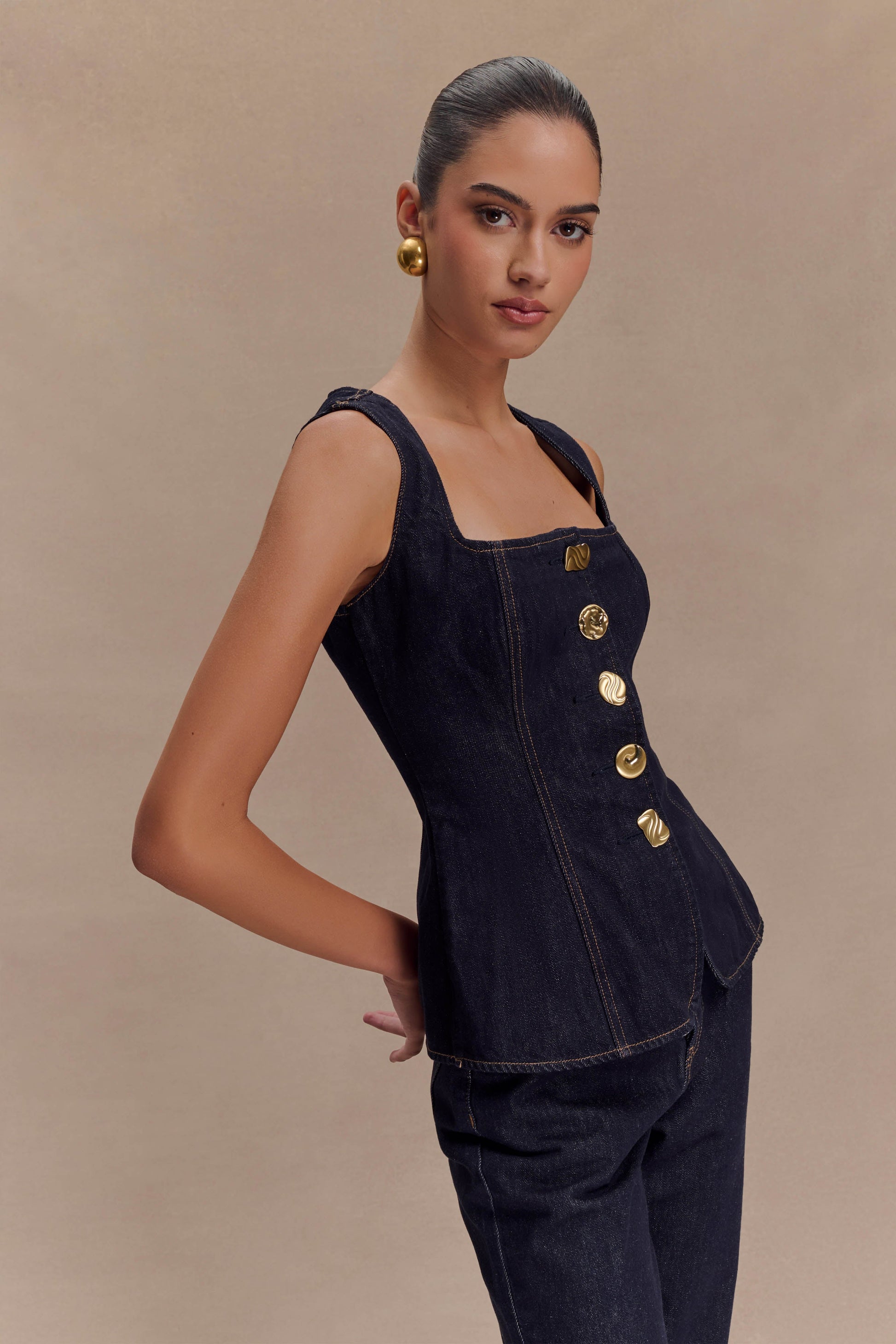 Neve Sleeveless Buttoned Denim Top - Washed Indigo Blue #3