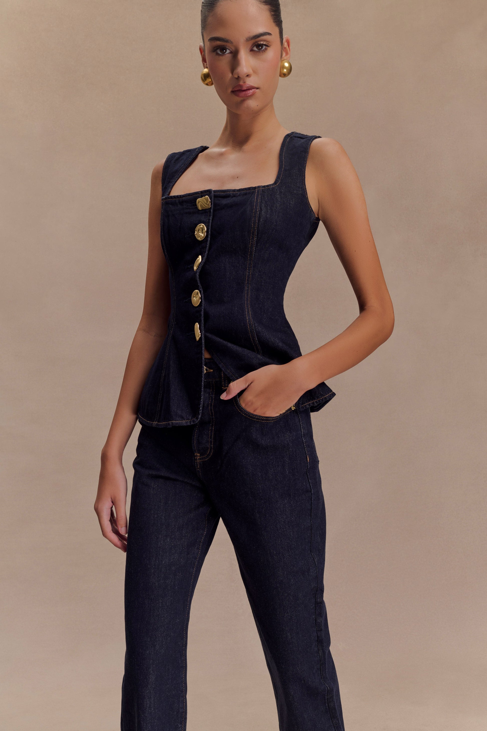 Neve Sleeveless Buttoned Denim Top - Washed Indigo Blue #4