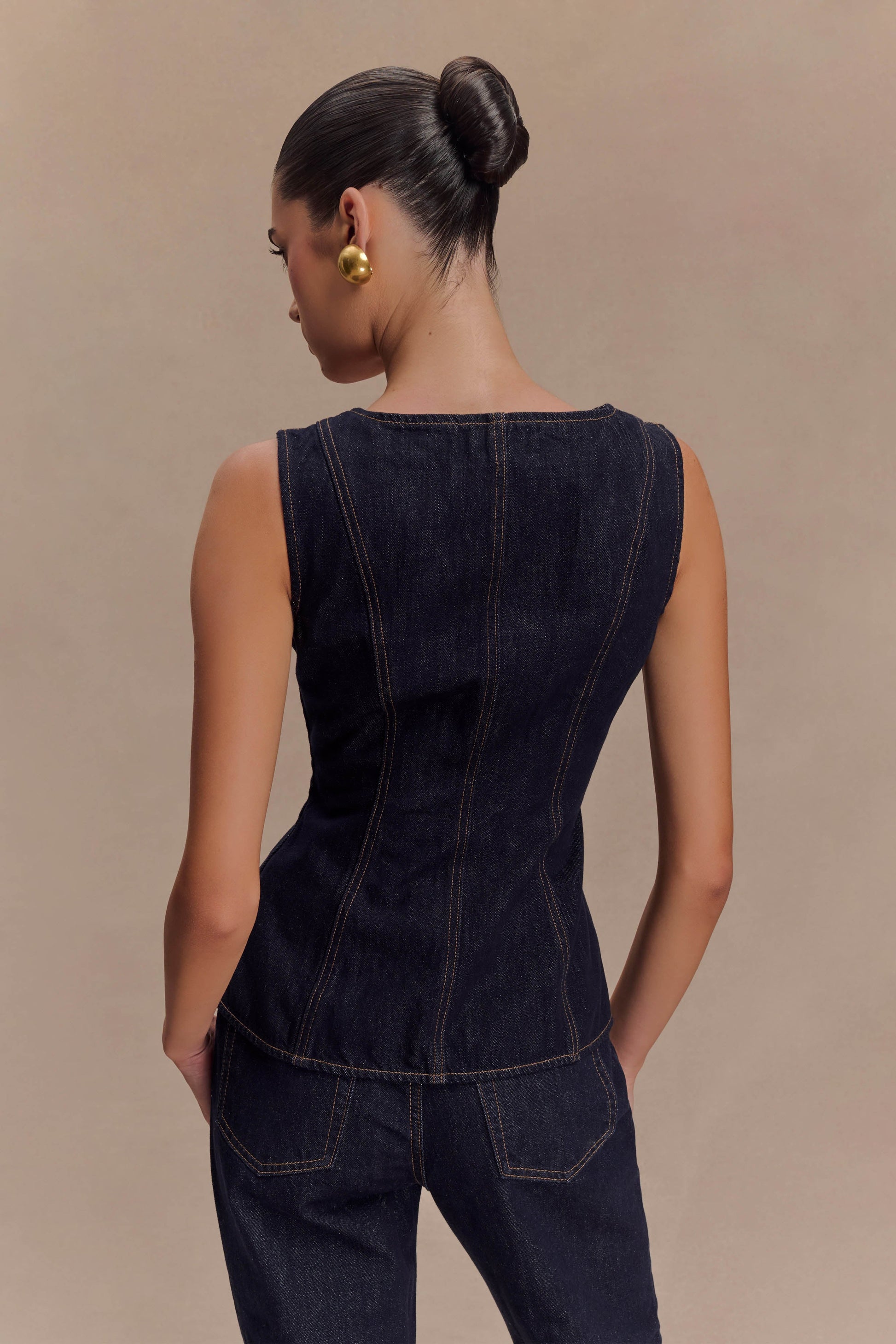Neve Sleeveless Buttoned Denim Top - Washed Indigo Blue #2