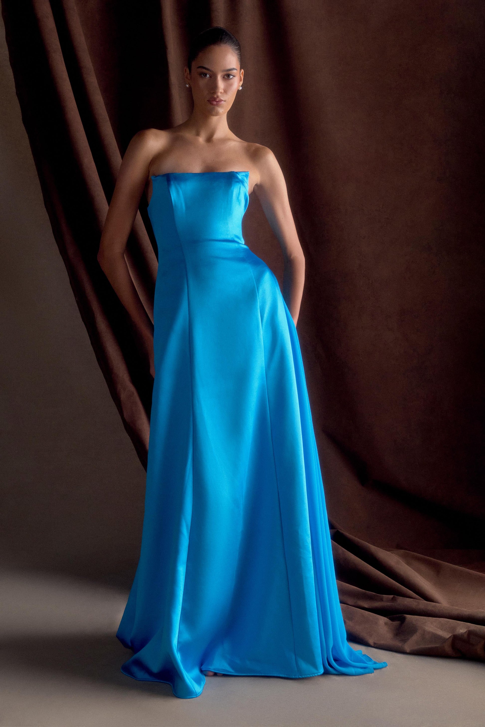 Rosella Satin Strapless Maxi Dress - Cyan Blue