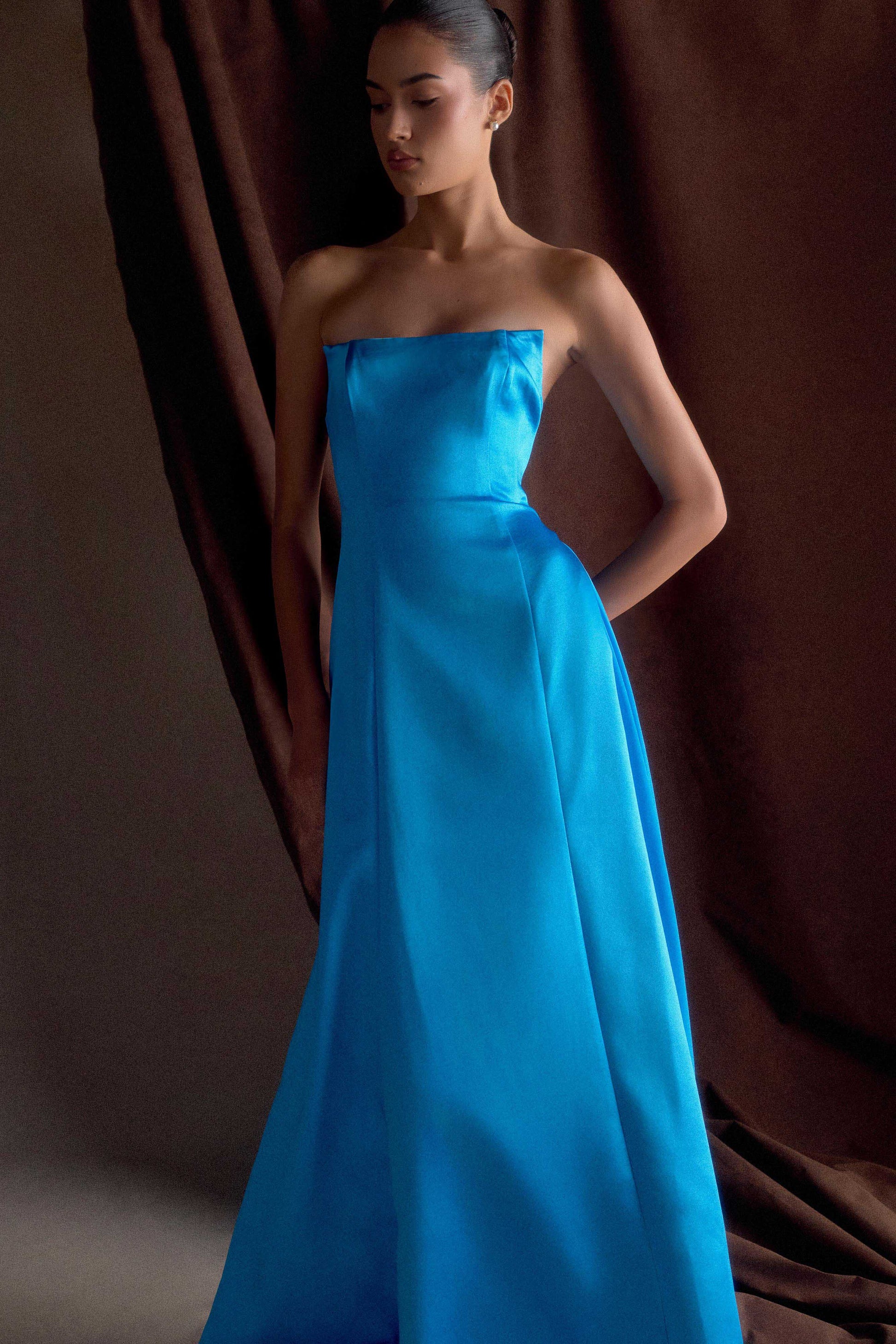 Rosella Satin Strapless Maxi Dress - Cyan Blue #4