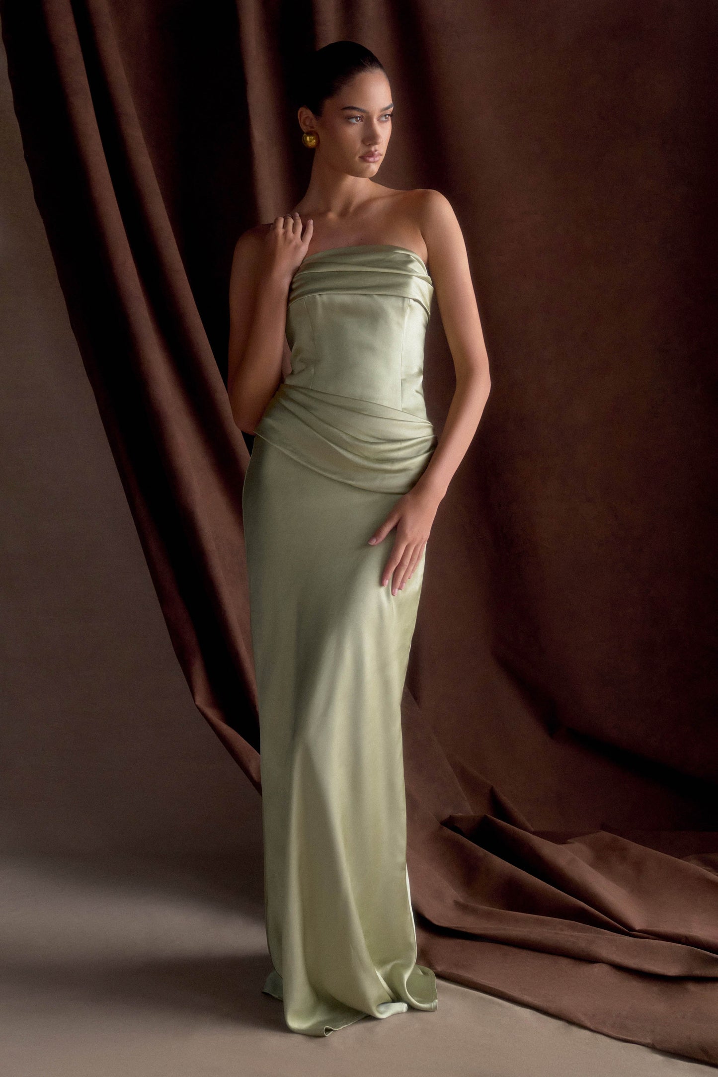 Jasmine Strapless Satin Maxi Dress - Sage