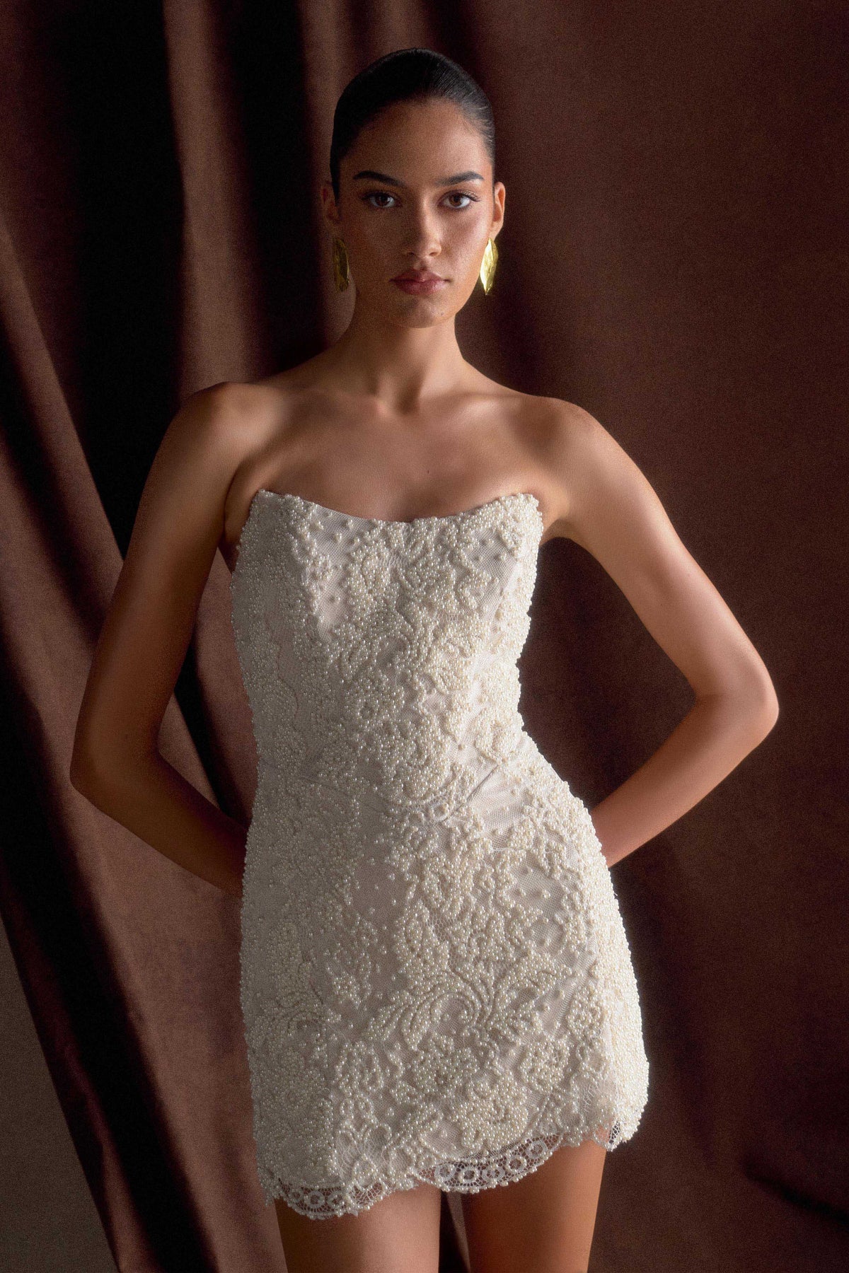 Eva Hand Beaded Pearl & Lace Mini Dress - White
