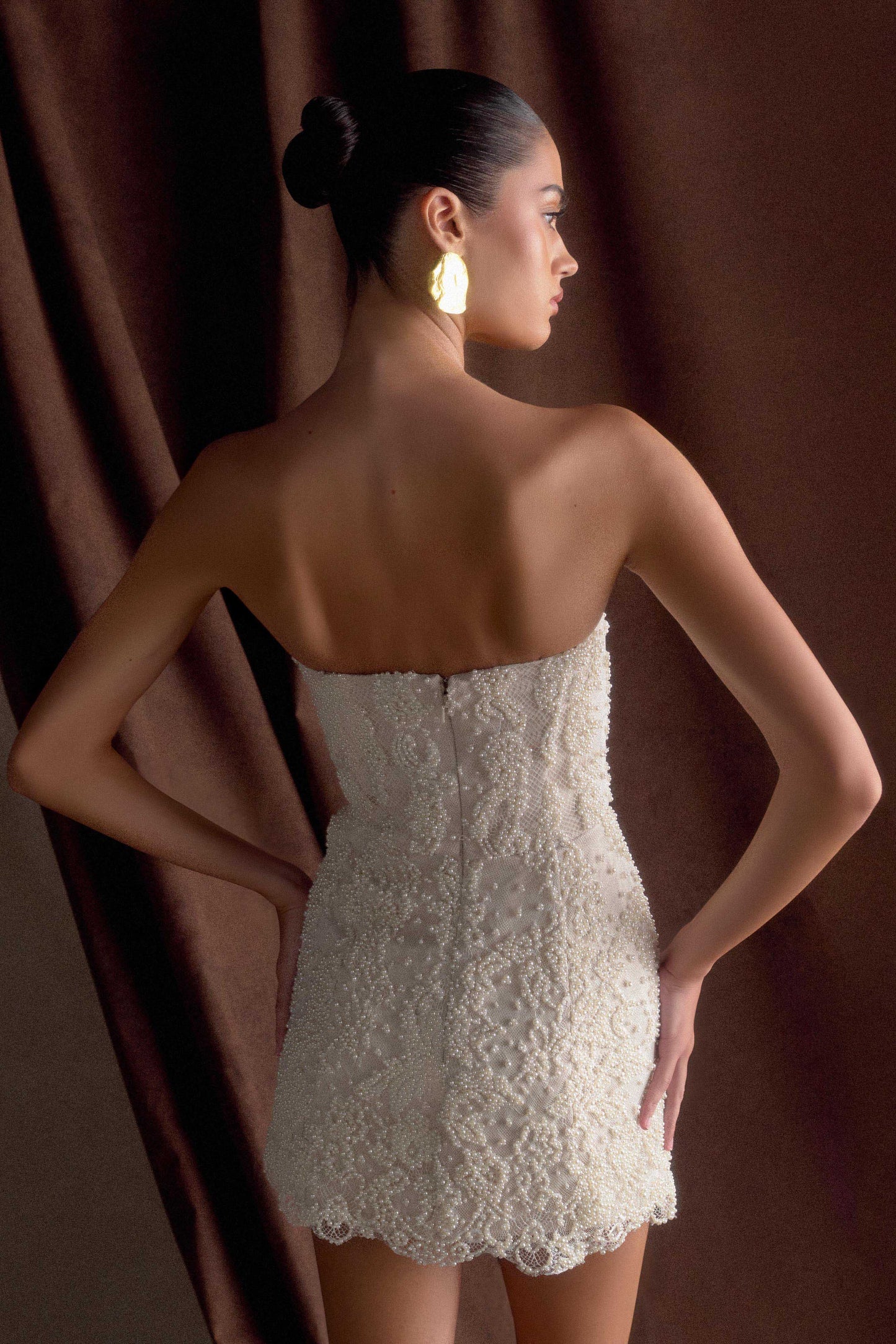 Eva Hand Beaded Pearl & Lace Mini Dress - White