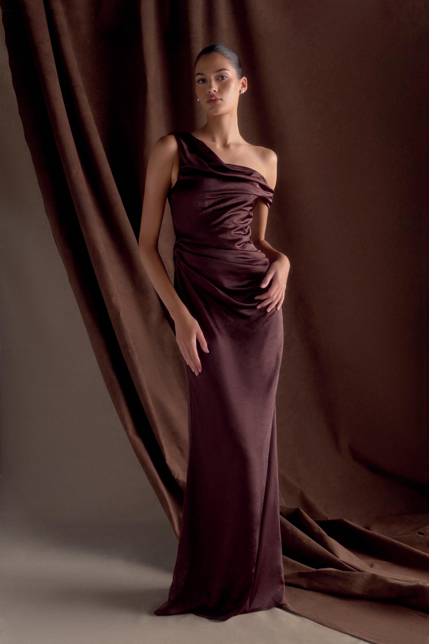 Dalia Off Shoulder Satin Maxi Dress - Dark Chocolate