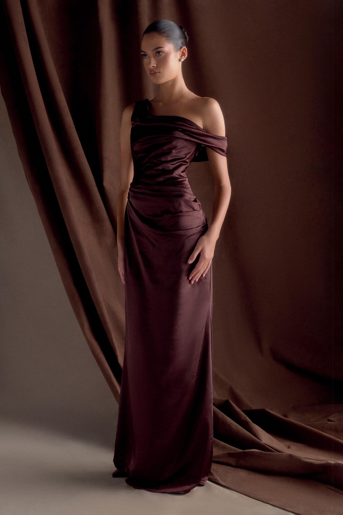 Dalia Off Shoulder Satin Maxi Dress - Dark Chocolate