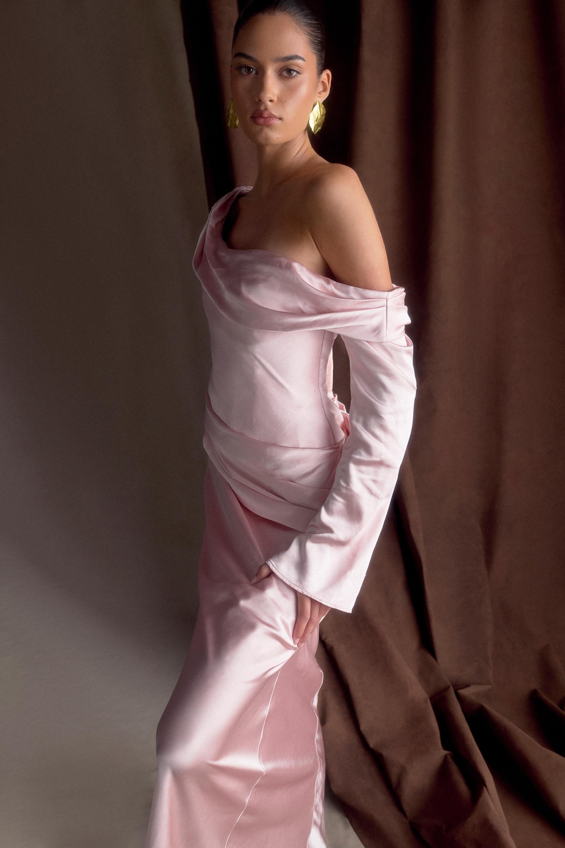Iris Long Sleeve Satin Maxi Dress - Soft Pink #3