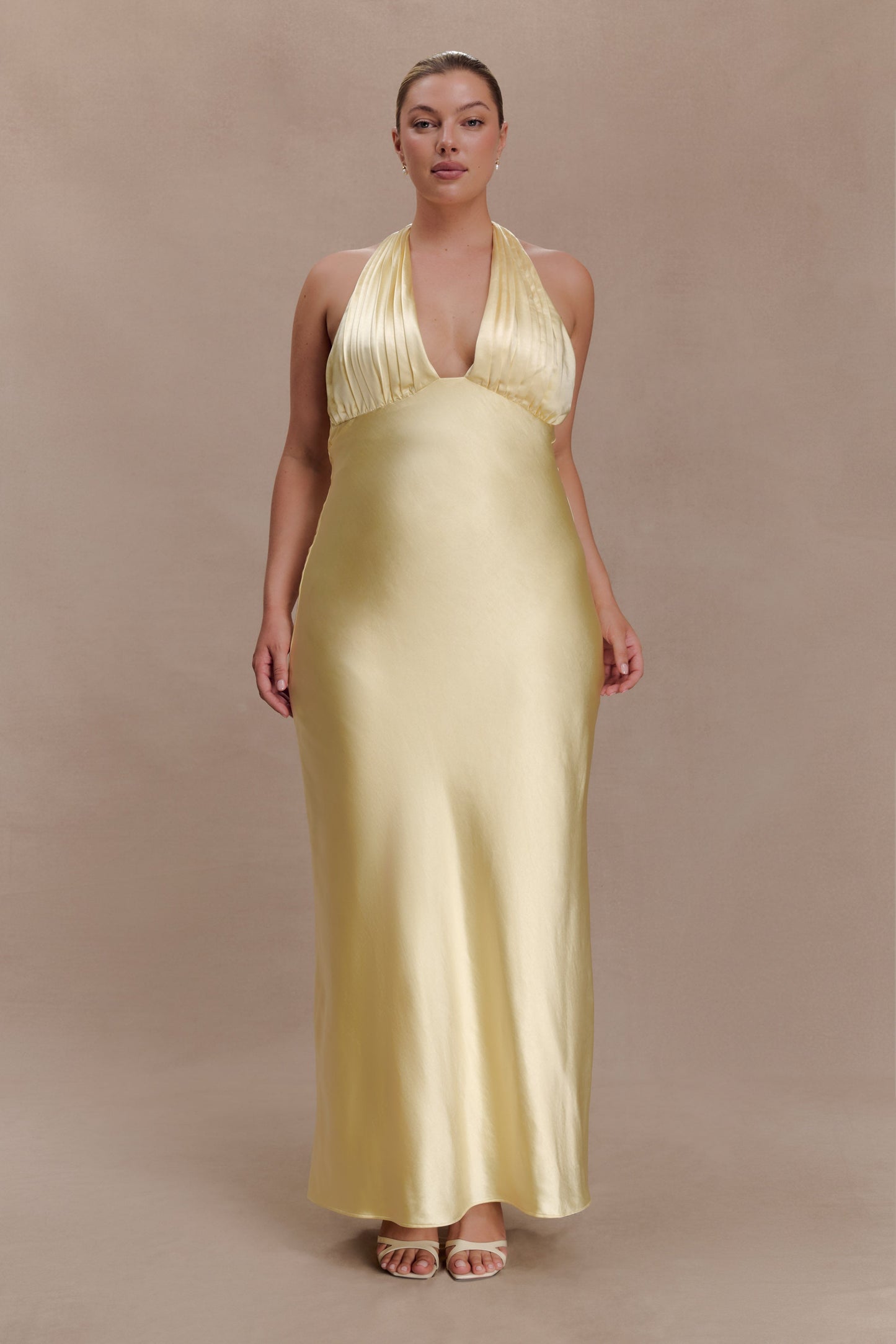 Alice Satin Halter Maxi Dress - Lemon