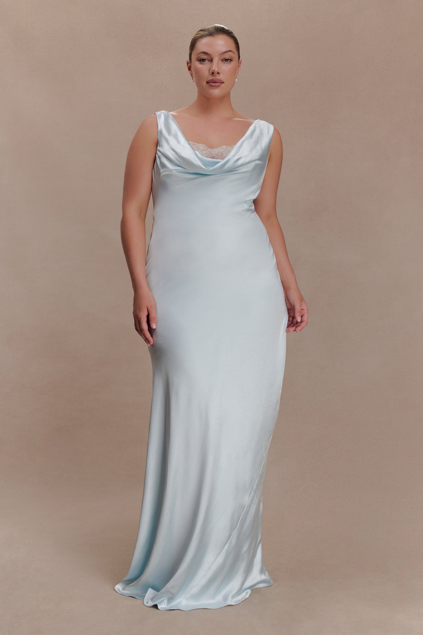 Ashley Cowl Neck Lace And Satin Maxi Dress - Ice Blue