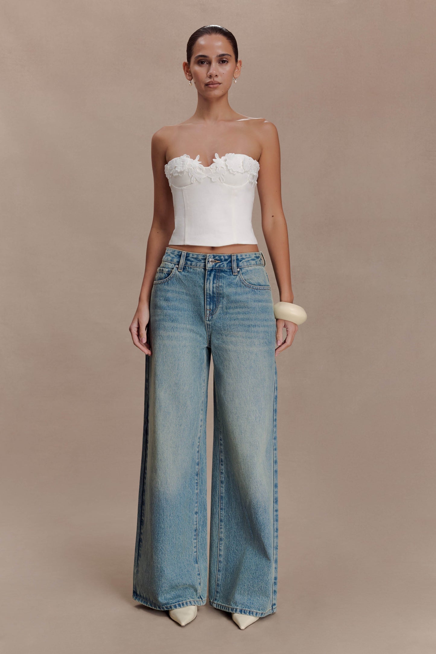 Melany Applique Denim Bustier - White