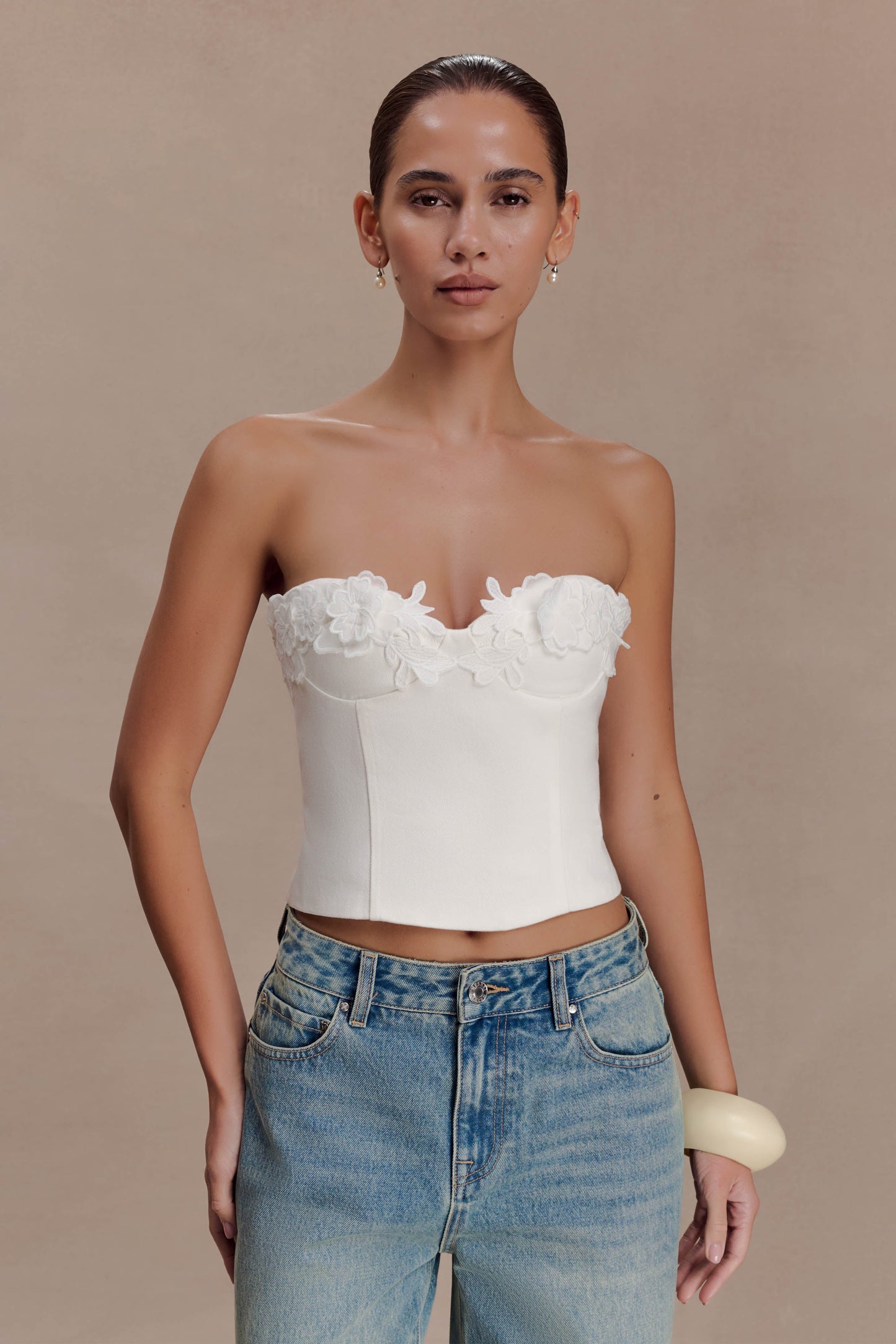 Melany Applique Denim Bustier - White