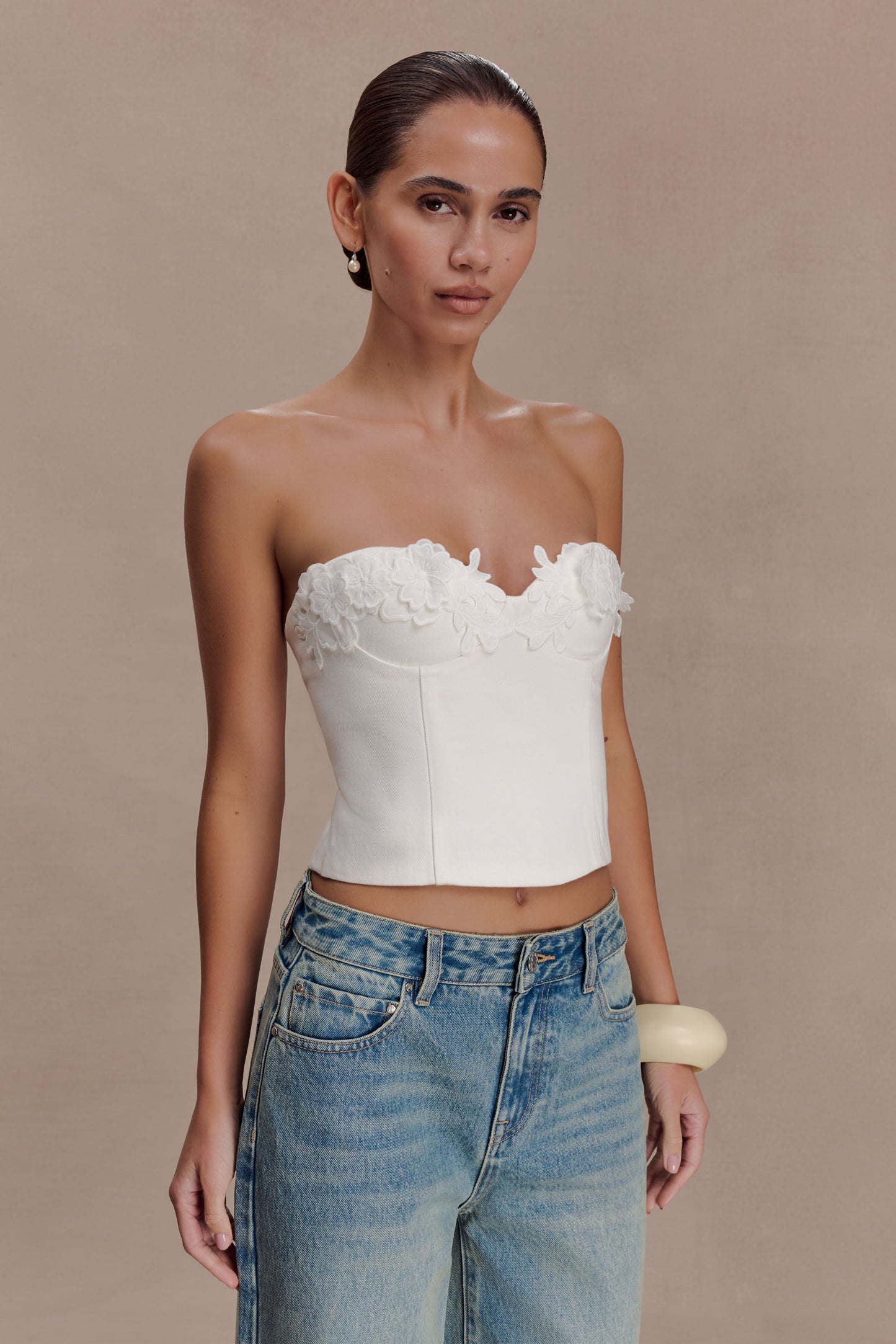 Melany Applique Denim Bustier - White