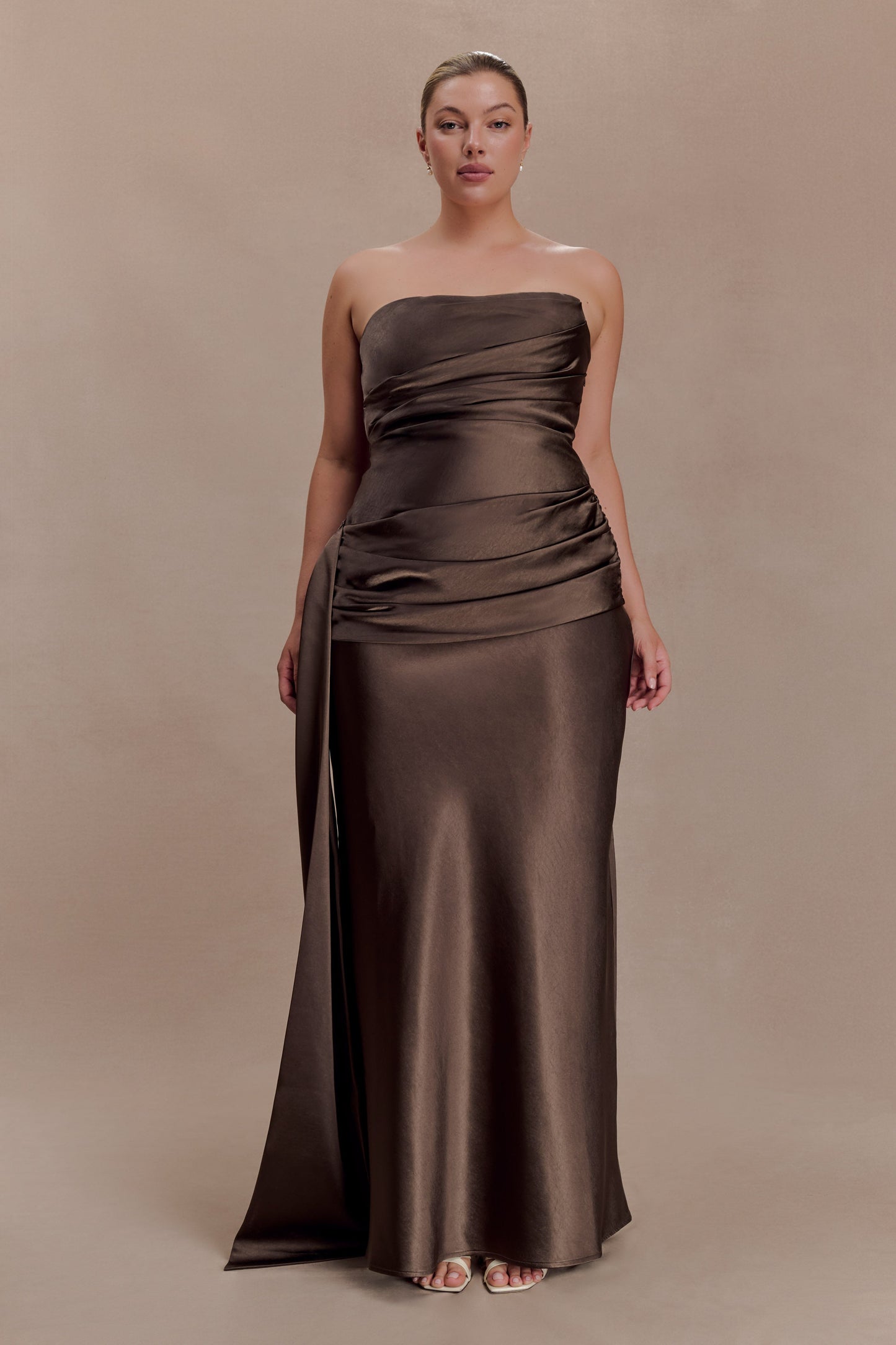 Sarah Strapless Maxi Dress With Waist Tie - Mocha