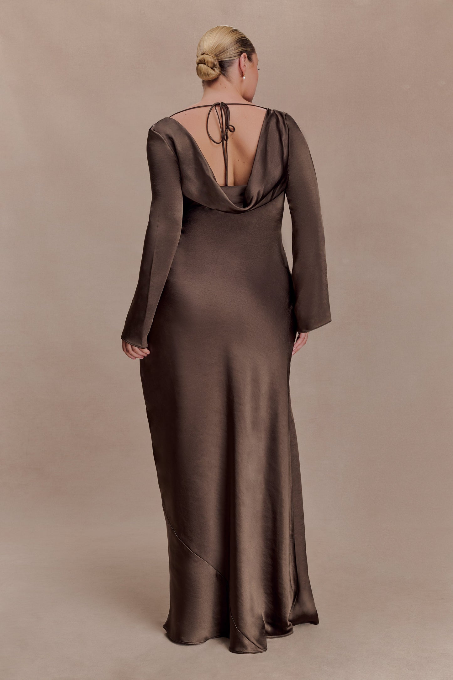 Eliza Long Sleeve Cowl Lace And Satin Maxi Dress - Mocha