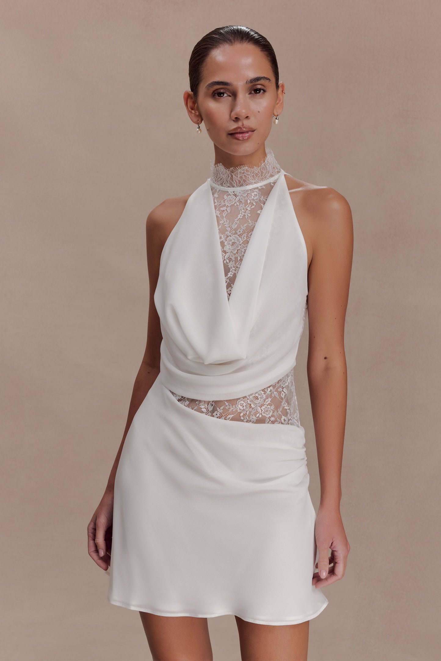 Arra Chiffon And Lace Halter Mini Dress - White