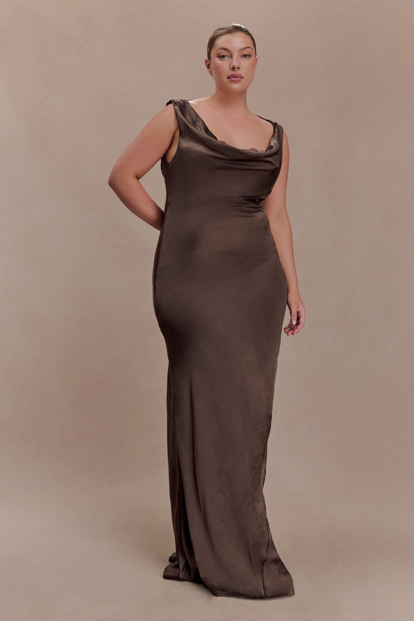 Ashley Cowl Neck Lace And Satin Maxi Dress - Mocha