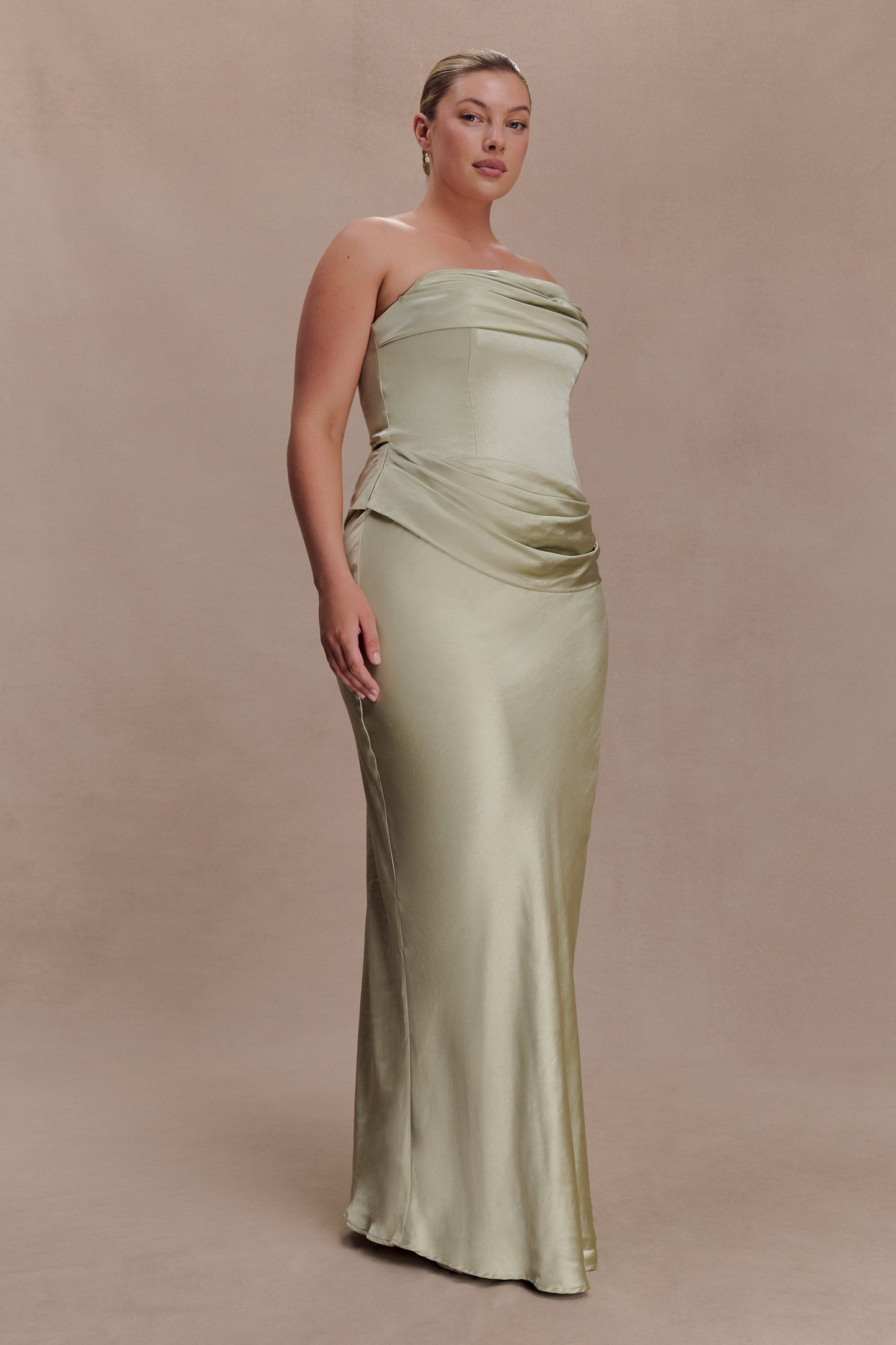 Jasmine Strapless Satin Maxi Dress - Sage