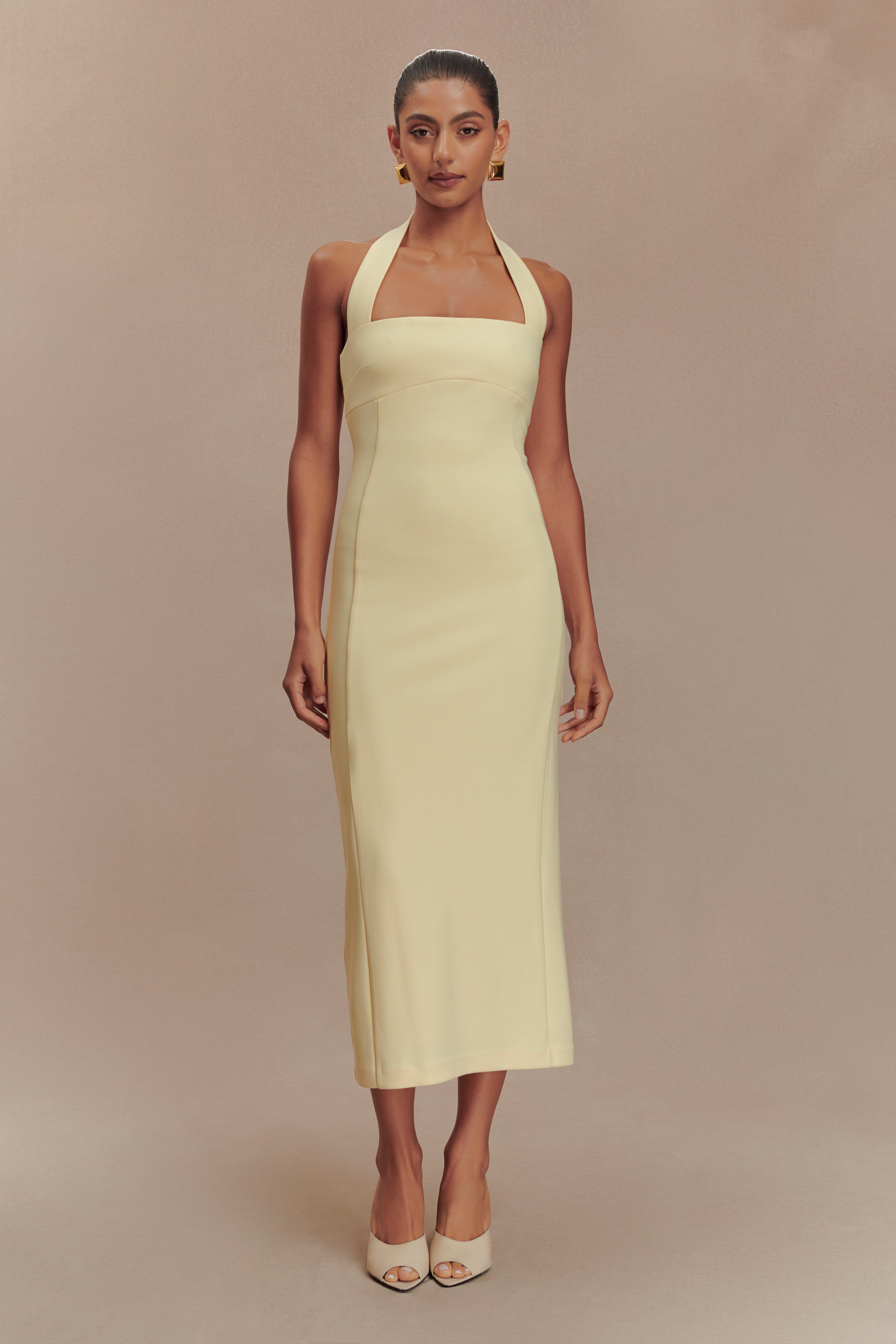 Amelita Suiting Halter Midi Dress - Pale Lemon | MESHKI UK