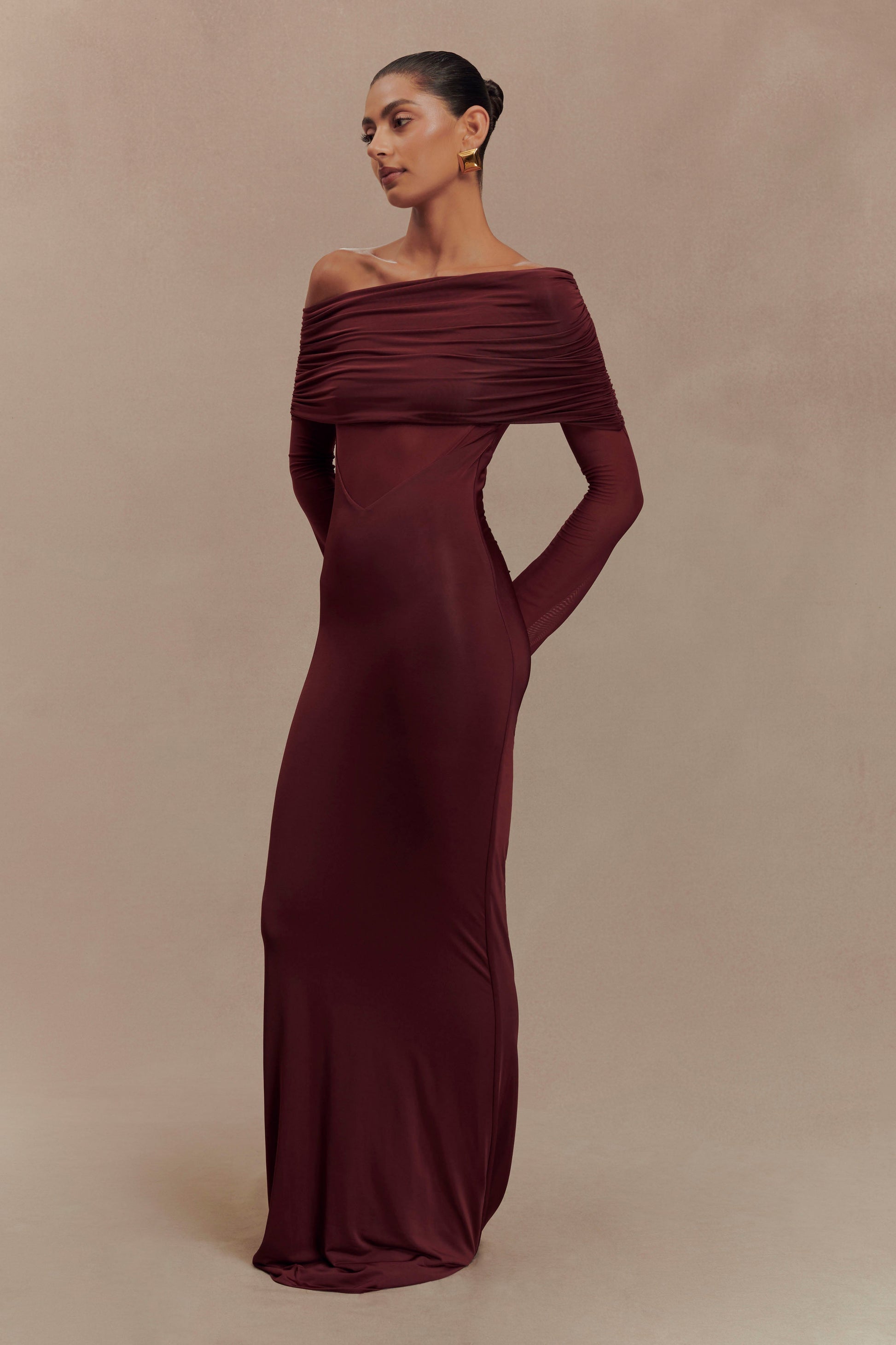 Kaitlin One Shoulder Slinky And Mesh Maxi Dress - Burgundy #4