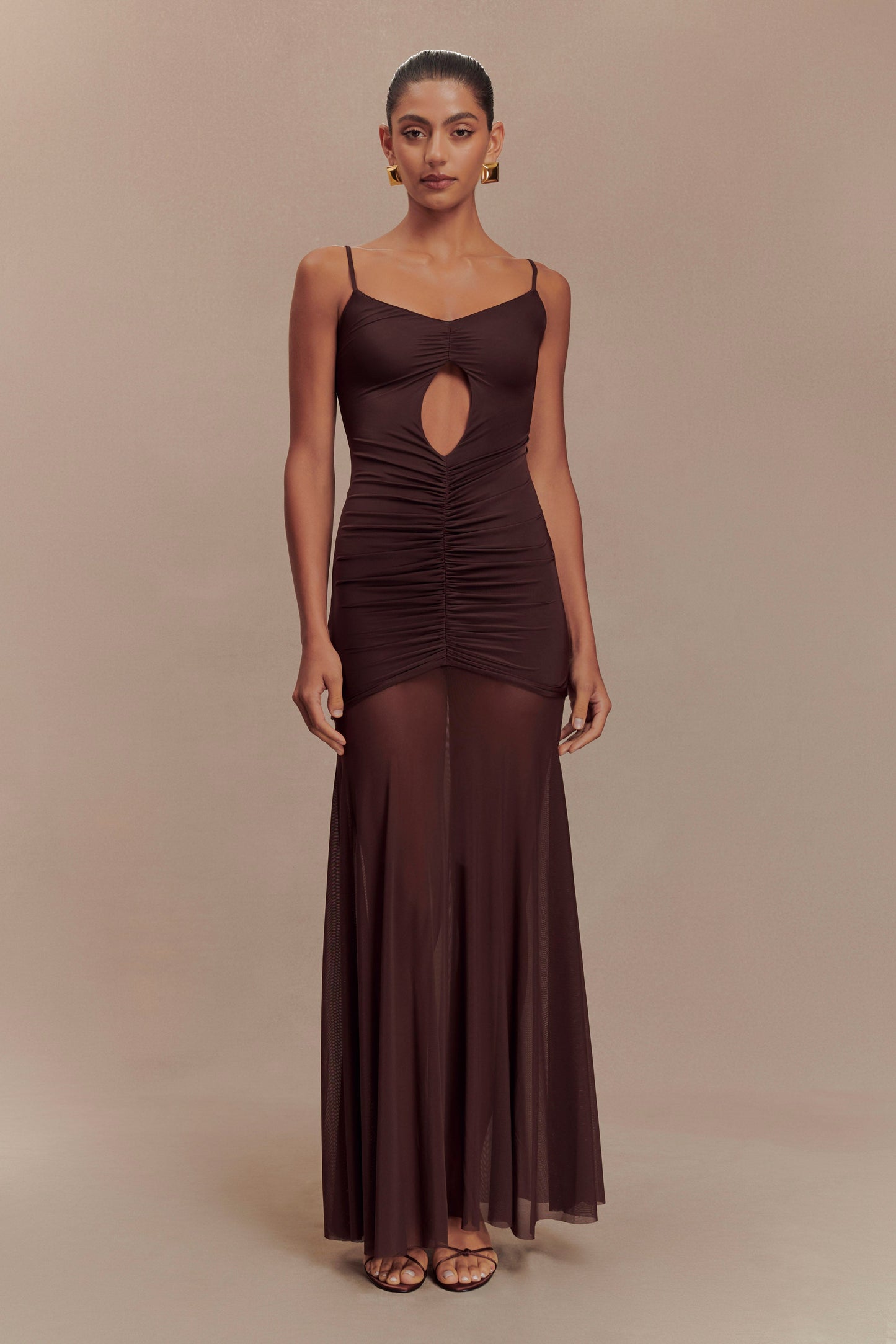 Delaney Slinky And Mesh Maxi Dress - Chocolate