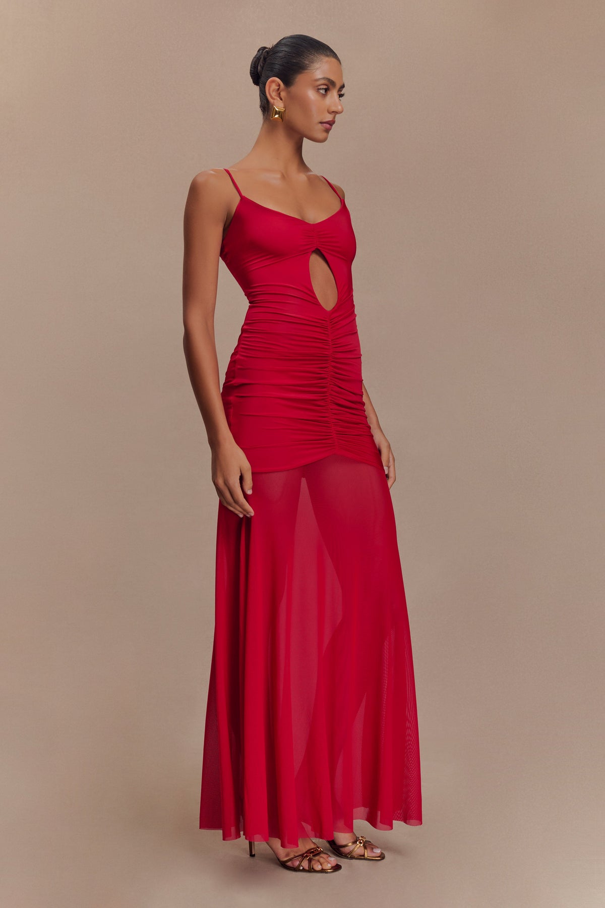 Delaney Slinky And Mesh Maxi Dress - Red