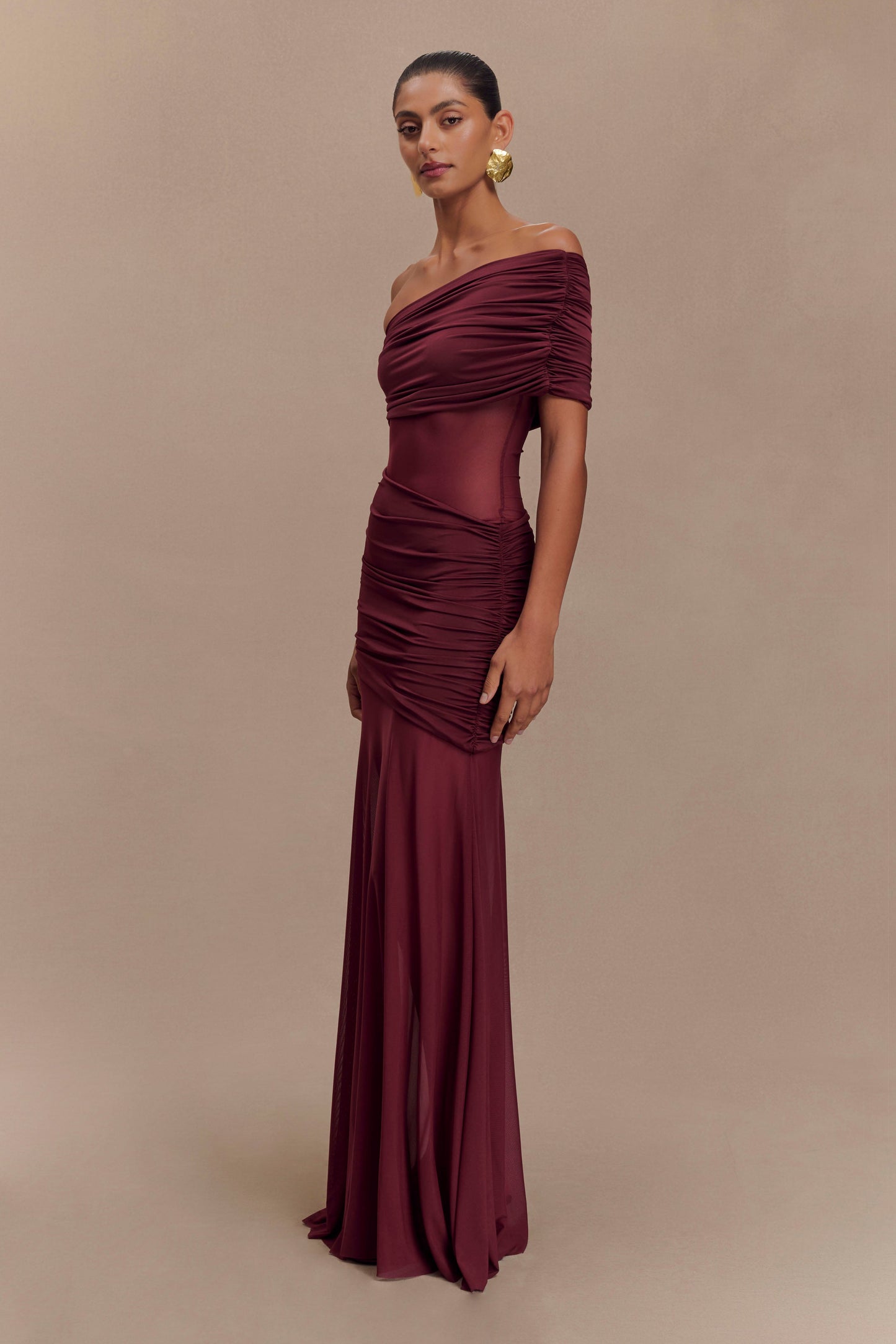 Dallas One Shoulder Mesh Maxi Dress - Burgundy