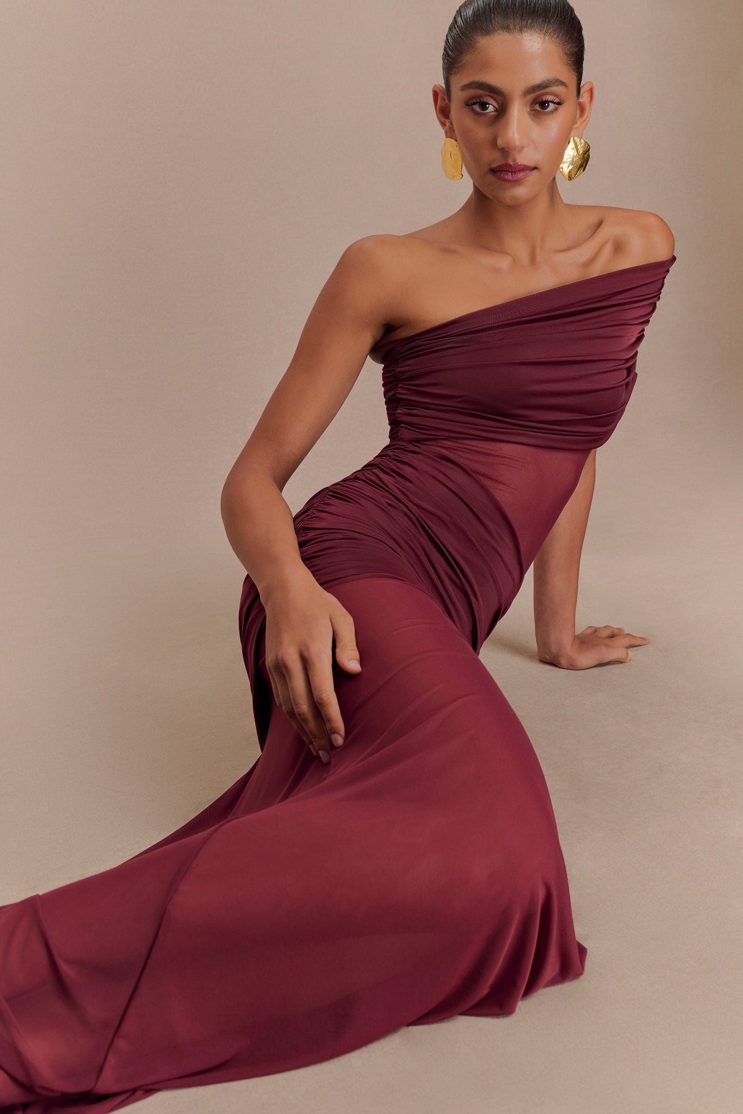 Dallas One Shoulder Mesh Maxi Dress - Burgundy