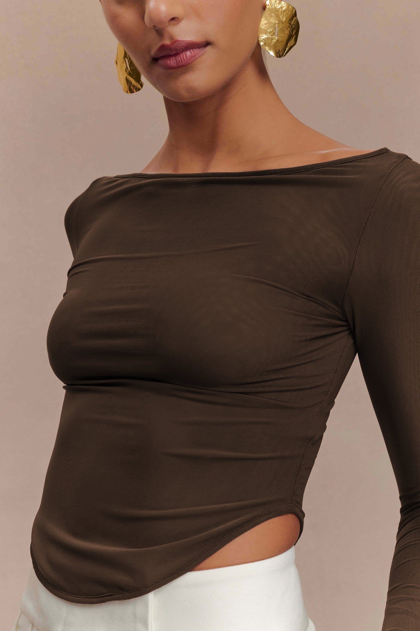 Colette Boat Neck Mesh Top - Dark Chocolate