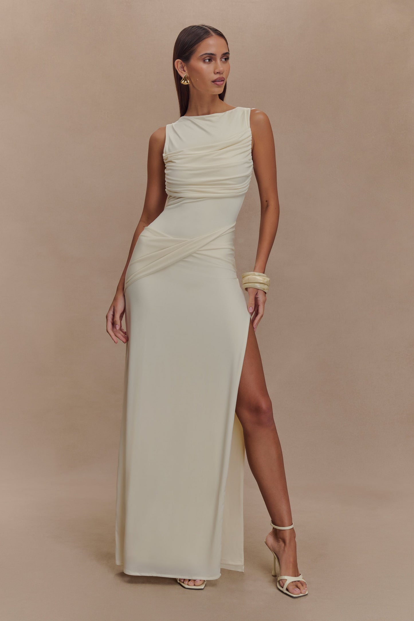 Henley Slinky Drape Maxi Dress - Ivory