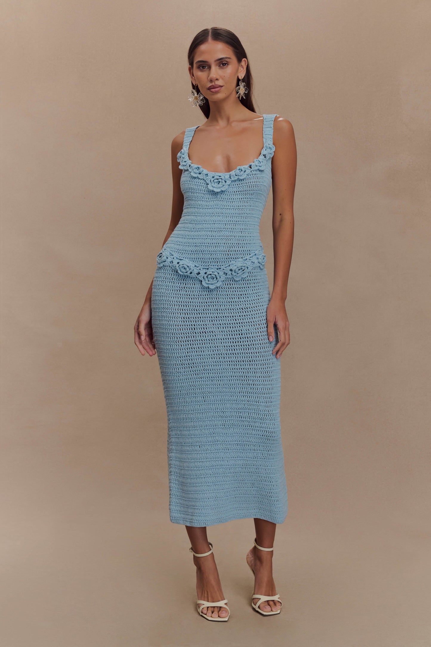 Teagan Floral Hand Crochet Midi Dress - Blue