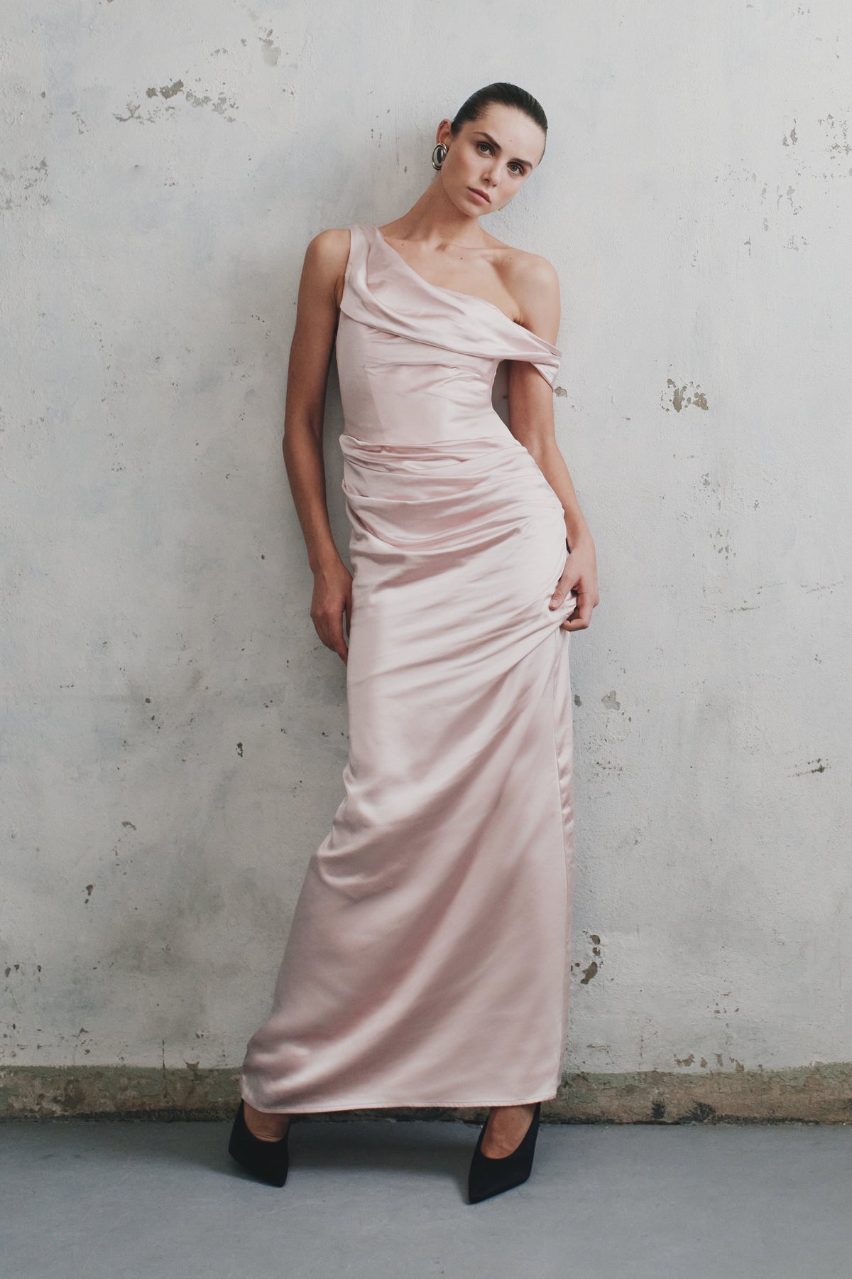 Dalia Off Shoulder Satin Maxi Dress - Soft Pink