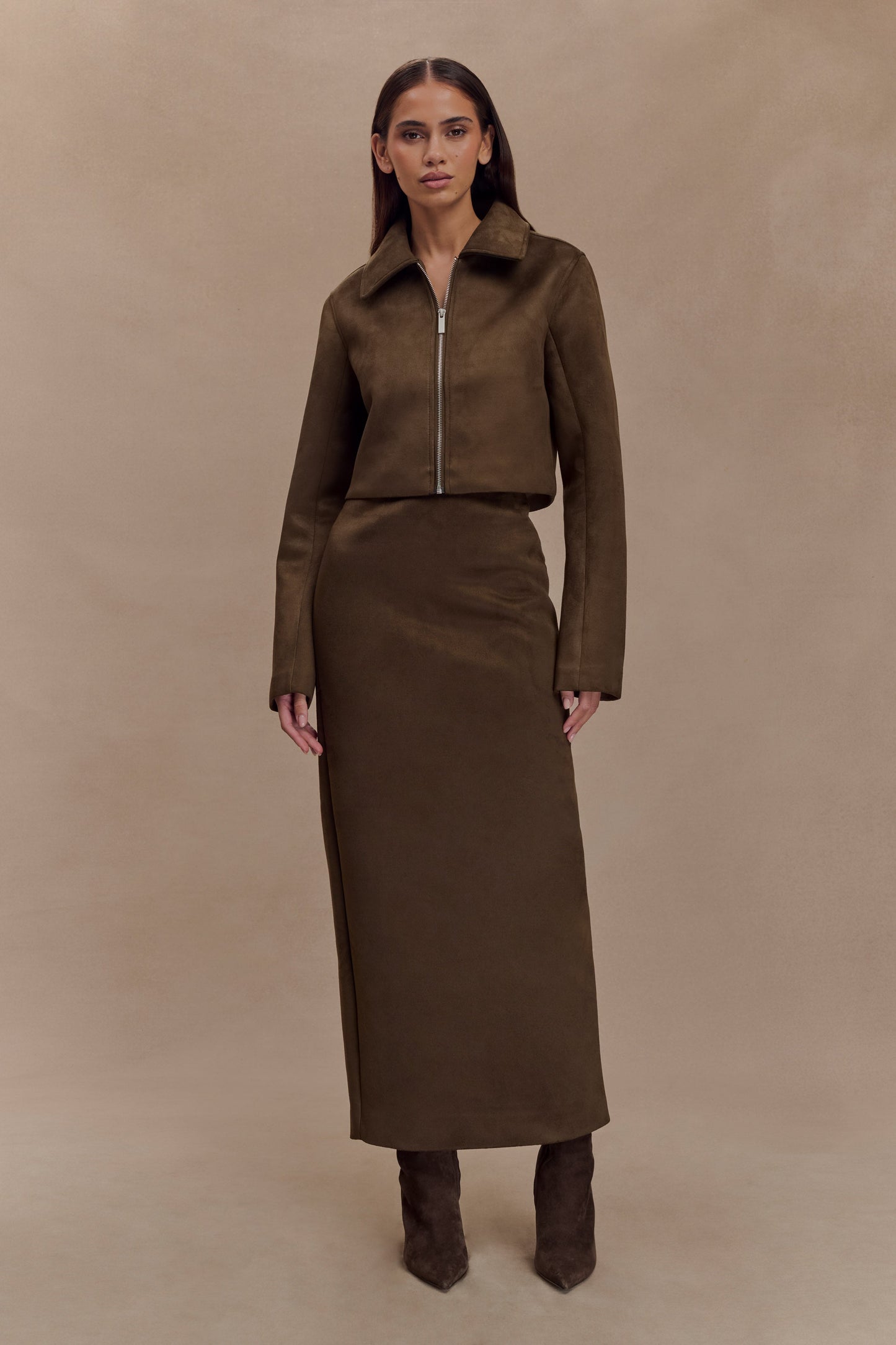 Hayes Faux Suede Collared Jacket - Chocolate