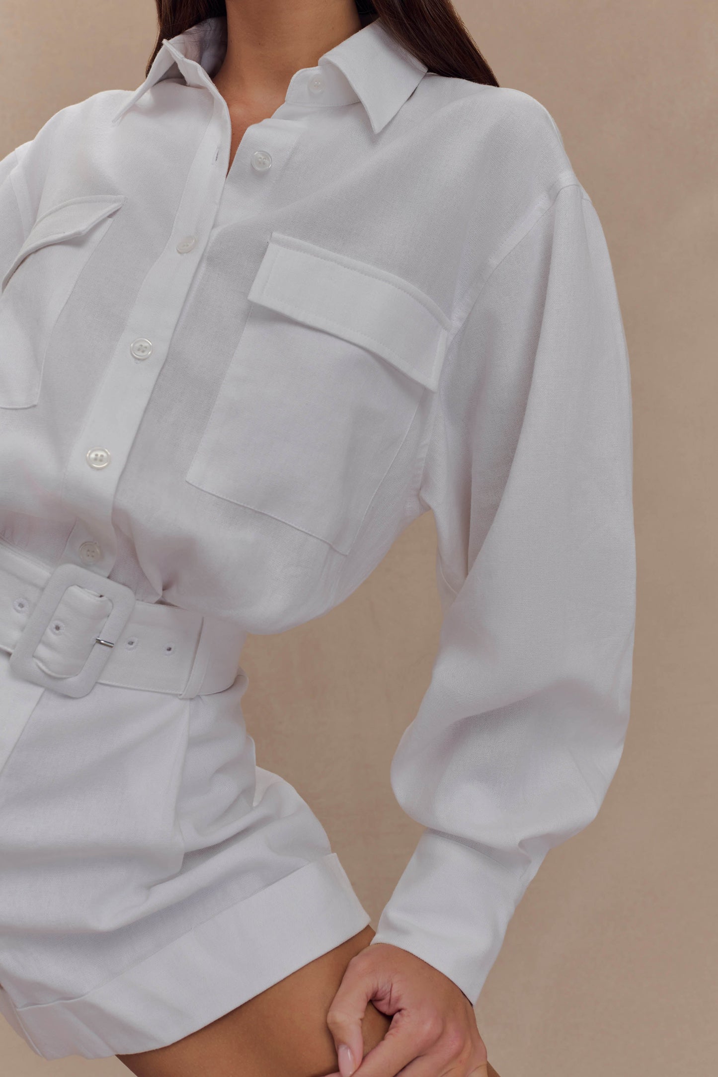 Adia Linen Belted Playsuit - White
