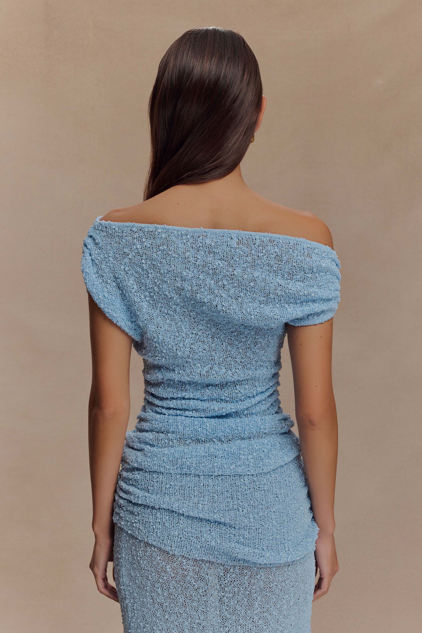 Chloe Off Shoulder Boucle Knit Top - Light Blue