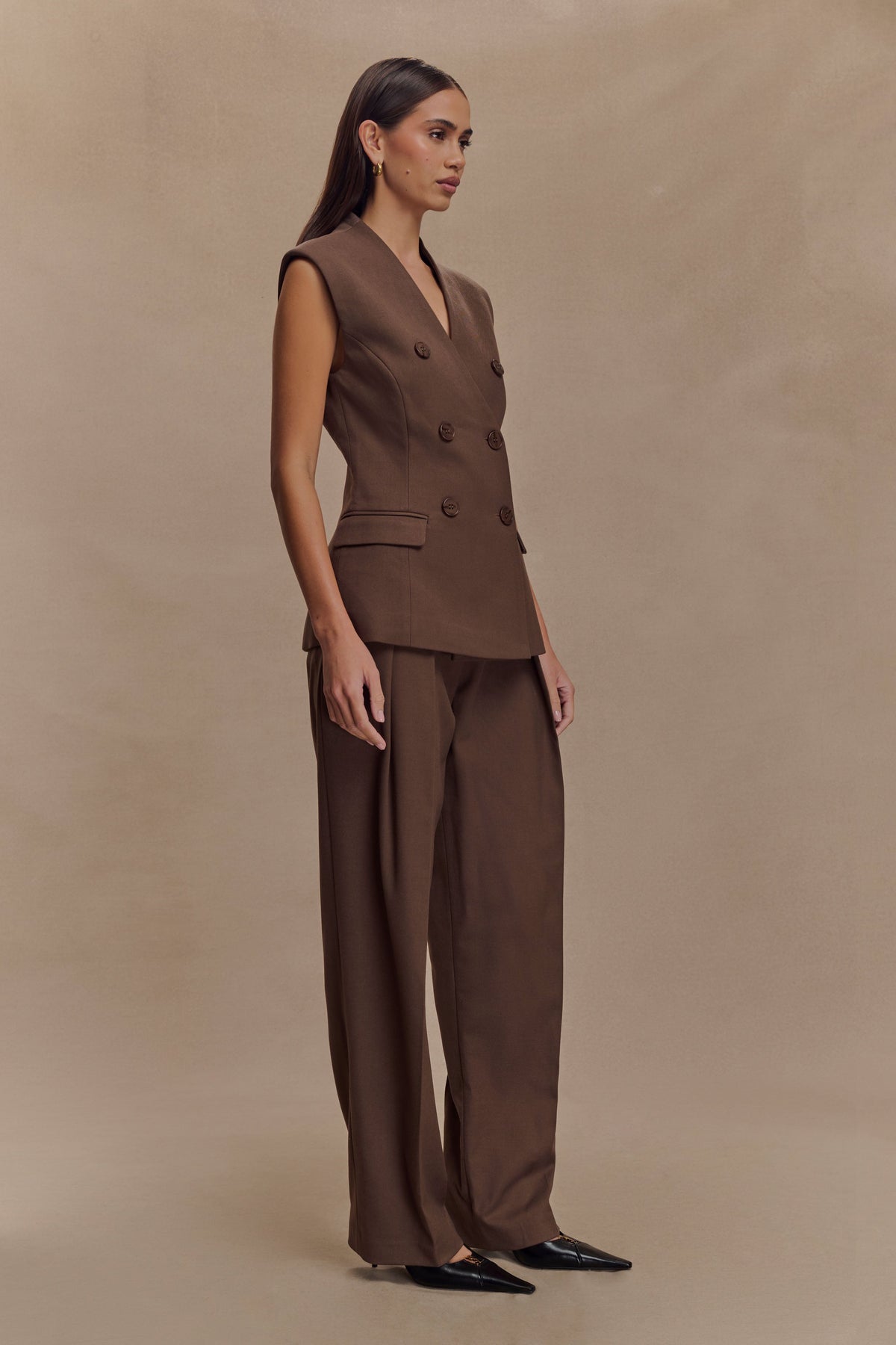 Penelope Suiting Sleeveless Blazer - Chocolate