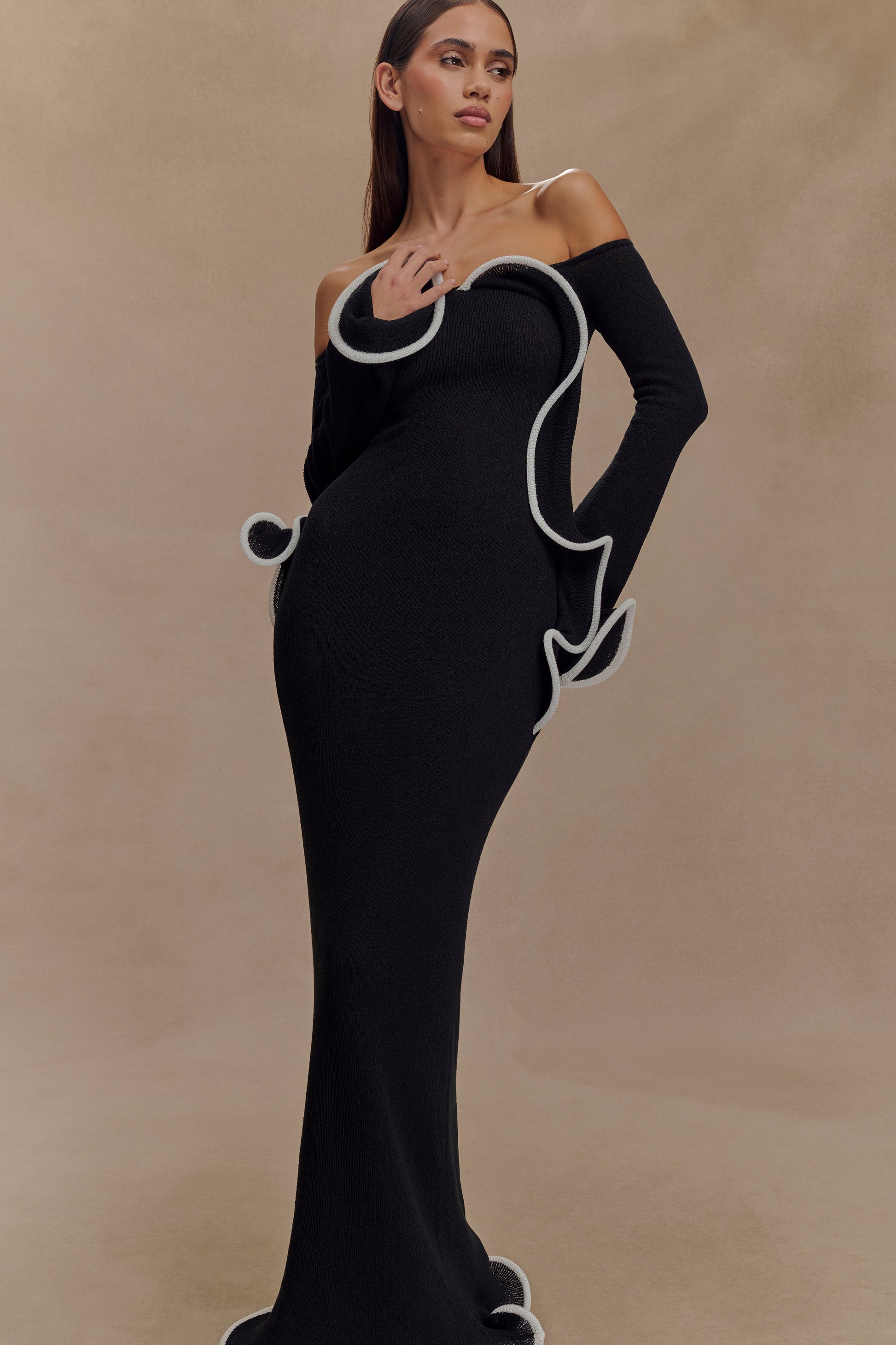 Sandrine Off Shoulder Knit Maxi Dress - Black/White #5