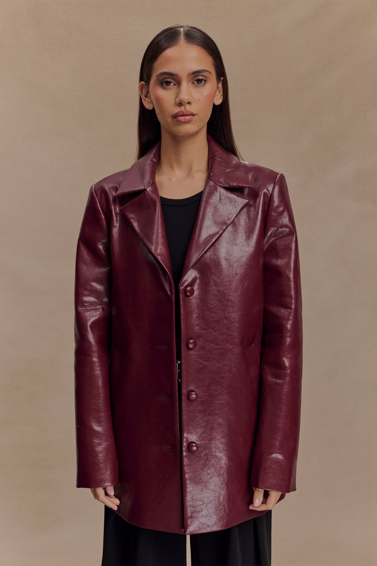 Deborah Faux Leather Coat - Cherry Red