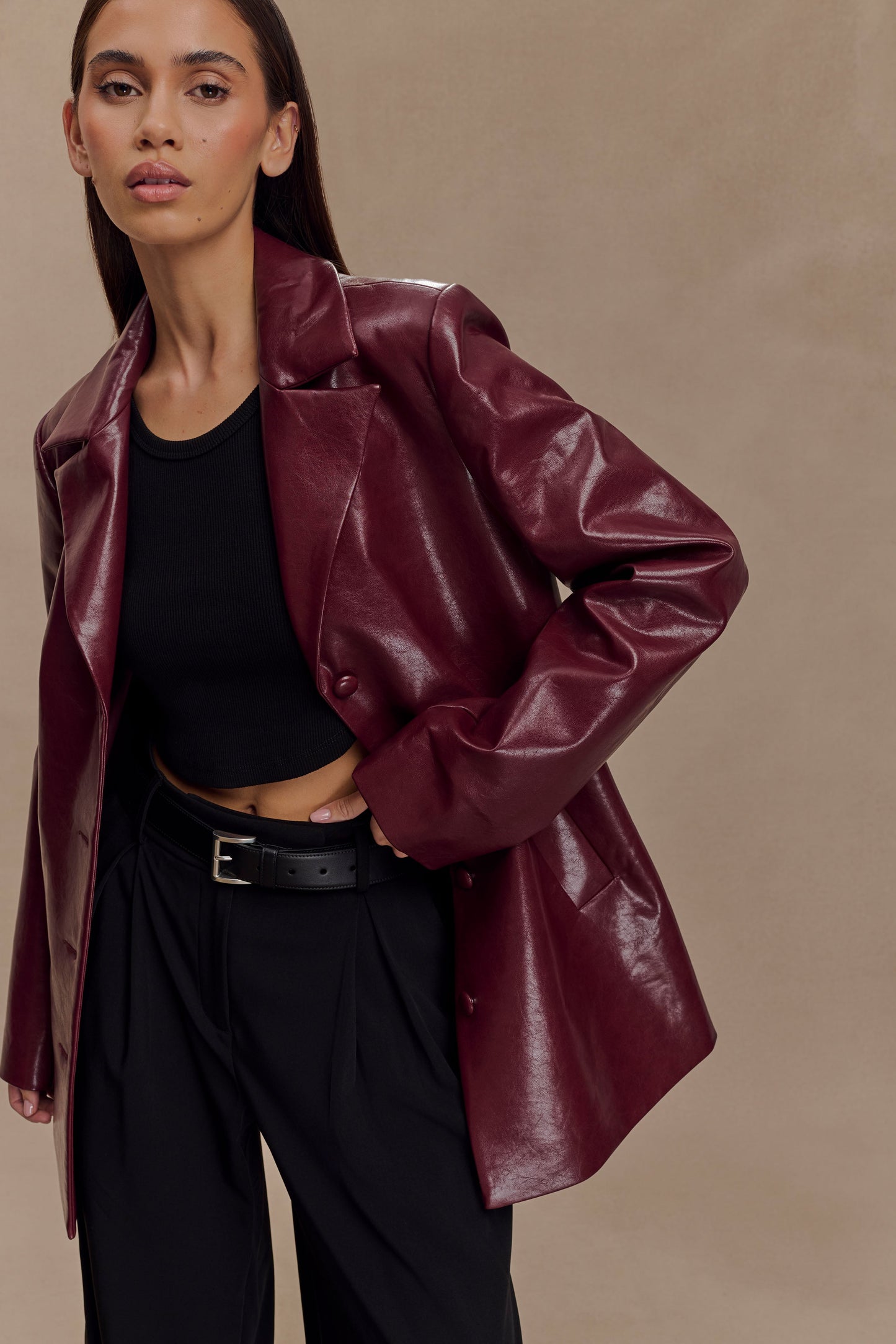 Deborah Faux Leather Coat - Cherry Red
