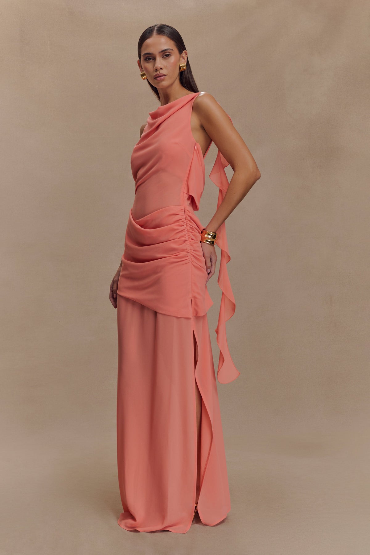 Daria Draped Chiffon Maxi Dress - Pastel Nectarine